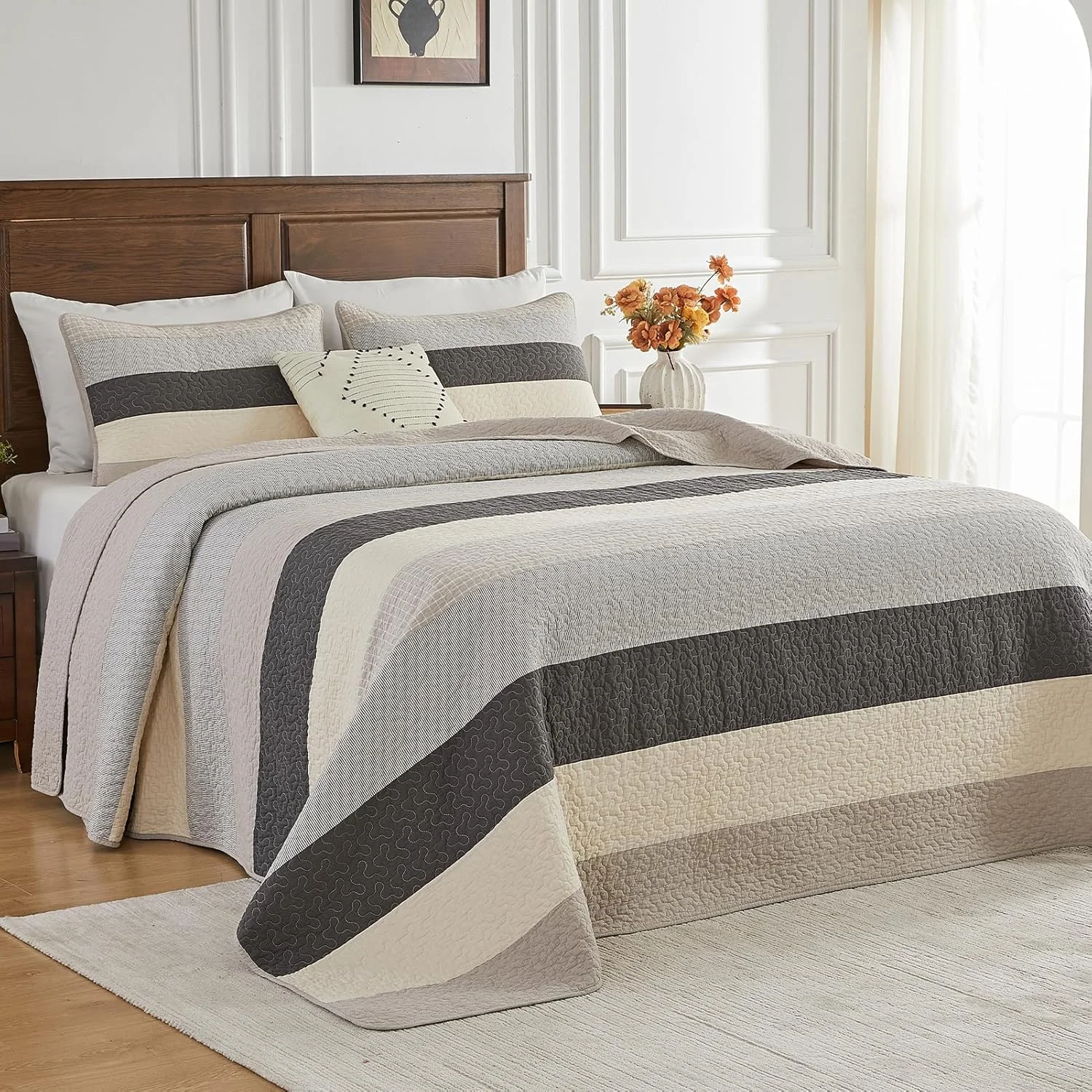 لحاف کینگ سایز بزرگ SahSahCasa، 100% پنبه، 325x305 سانتی متر، روانداز فوق العاده عریض، لحاف سبک وزن، لحاف راه راه، 3 تکه، خاکستری