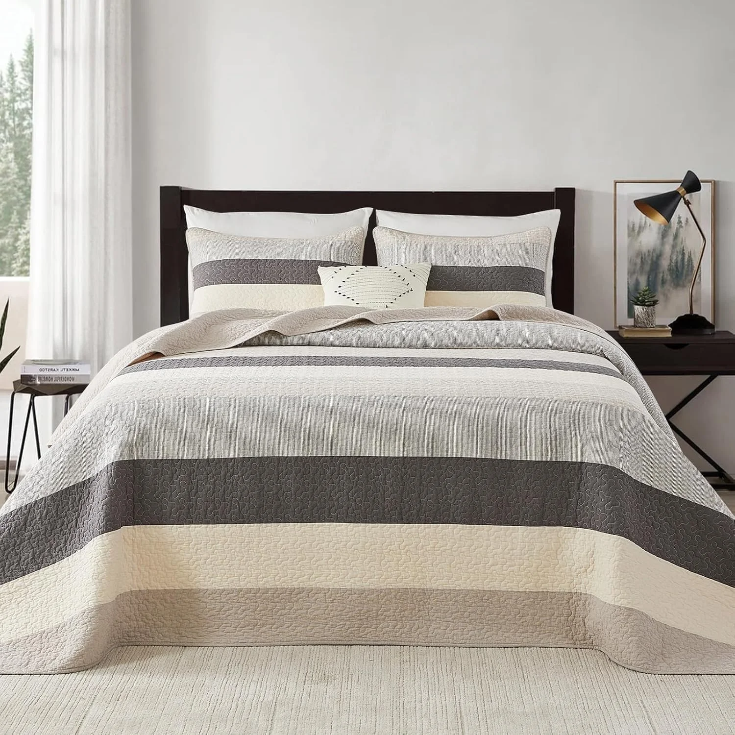 لحاف پنبه ای 100% SahSahCasa سایز بزرگ 304x259 سانتی متر، روانداز فوق العاده بزرگ و عریض، لحاف سبک وزن، لحاف راه راه، 3 تکه، خاکستری لحاف پنبه ای 100% SahSahCasa سایز بزرگ 304x259 سانتی متر، روانداز فوق العاده بزرگ و عریض، لحاف سبک وزن، لحاف راه راه، 3 تکه، خاکستری