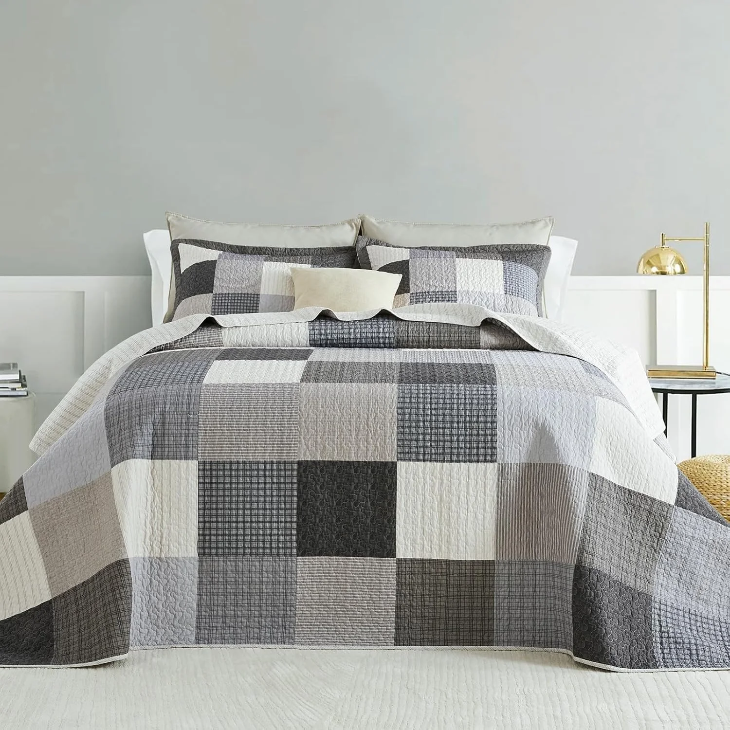 ست روتختی لحاف دار سایز بزرگ SahSahCasa، 3 تکه، طرح چهارخانه، خاکستری، 305x259 سانتی متر، 100% پنبه