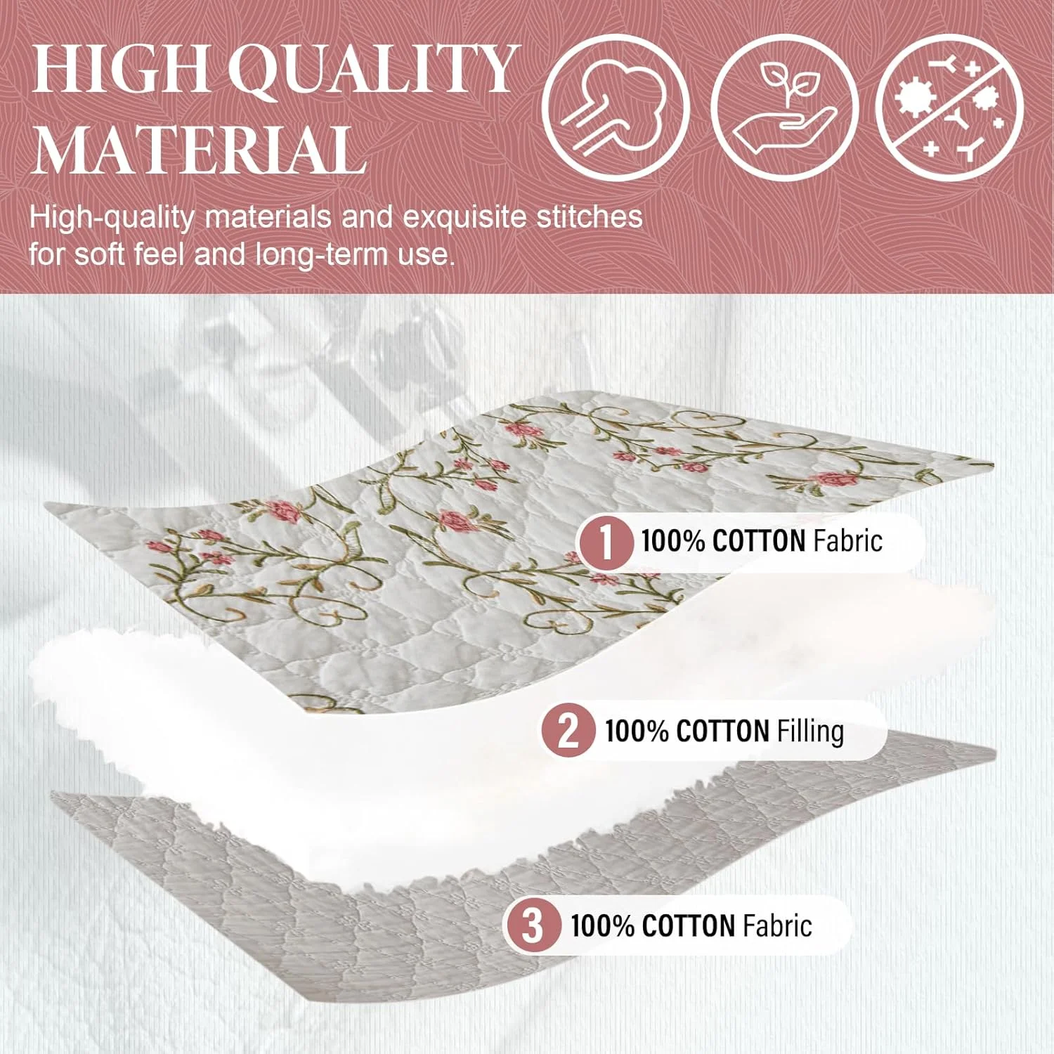 SahSahCasa 120"x120" 100% Cotton Oversized California King Embroidery Bedspread Coverlet Quilt Set, Floral Cal King Quilted Bedspread Extra Large Quilt, XL Bed Spread Lightweight Comforter, Pink