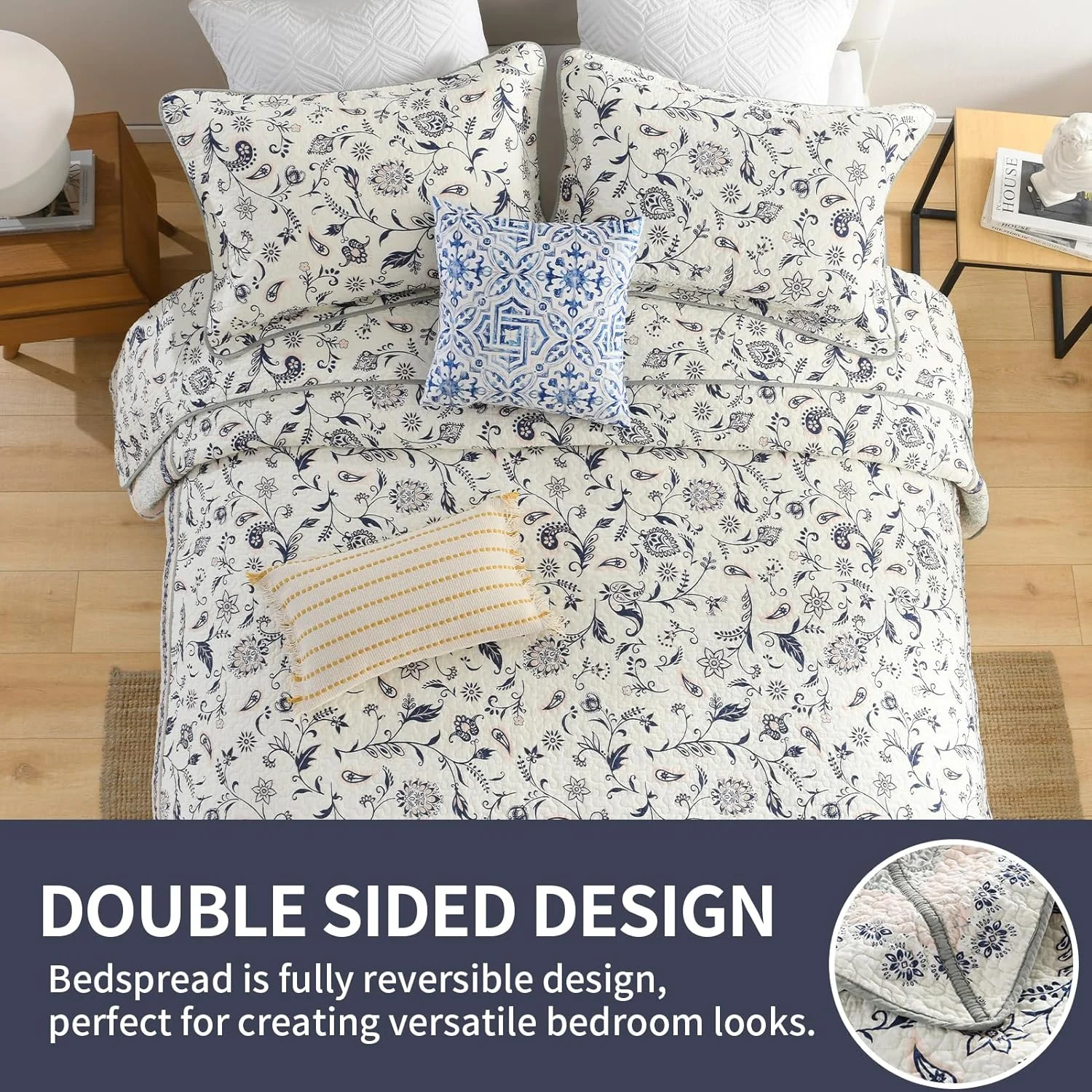 SahSahCasa 100% Cotton 128"x120" Oversized California King Bedspread Coverlet Quilt Set, Cal King Quilted Bedspread Extra Large Quilt, Floral XL Bed Spread Lightweight Comforter, 3pc, Navy