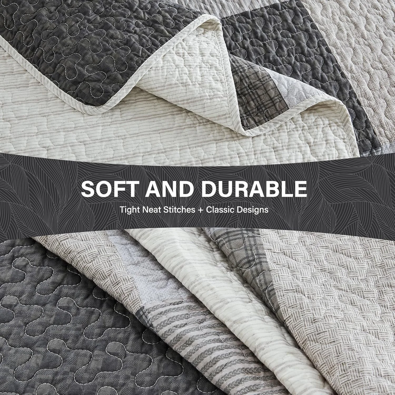 ست روتختی لحاف دار سایز بزرگ SahSahCasa، 3 تکه، طرح چهارخانه، خاکستری، 305x259 سانتی متر، 100% پنبه