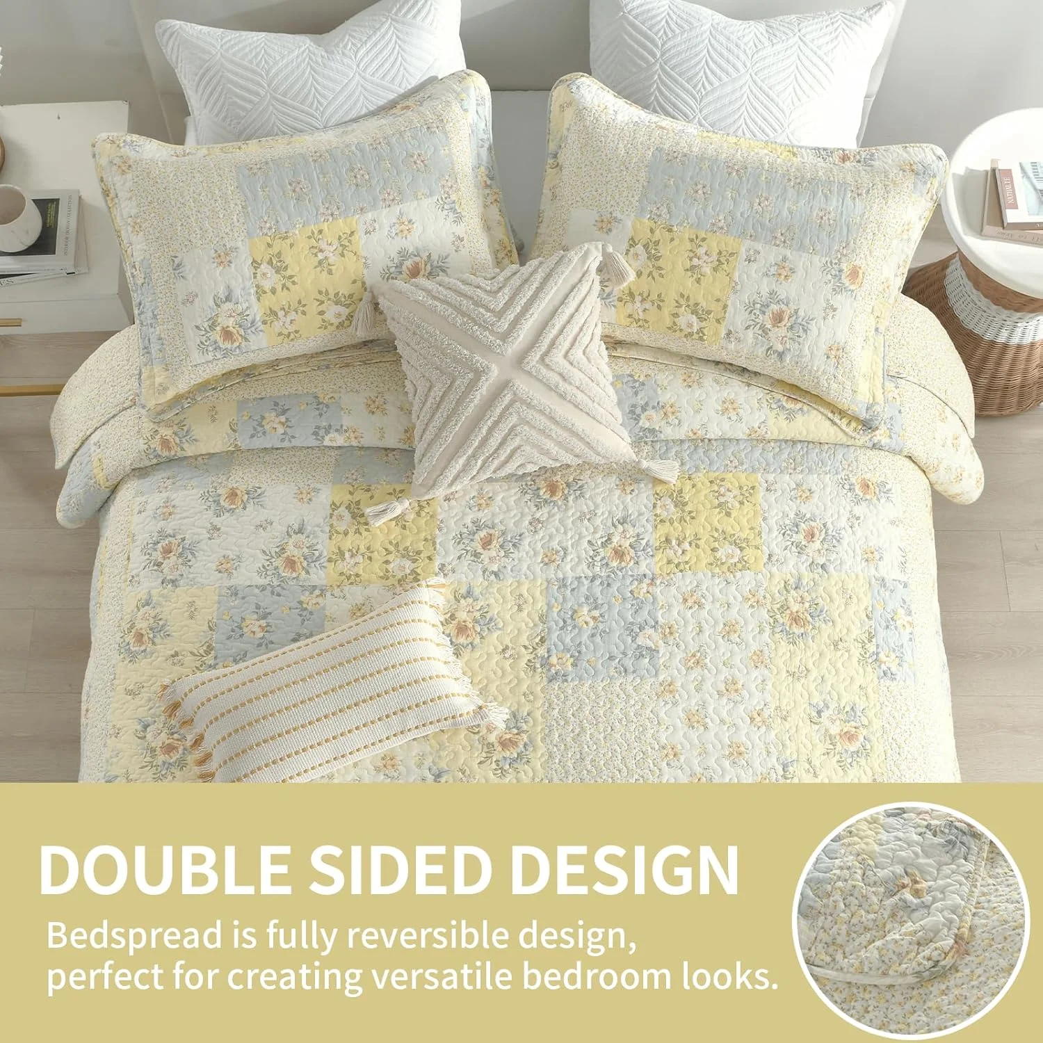 SahSahCasa 100% Cotton 120"x120" Oversized California King Bedspread Coverlet Quilt Set, Yellow