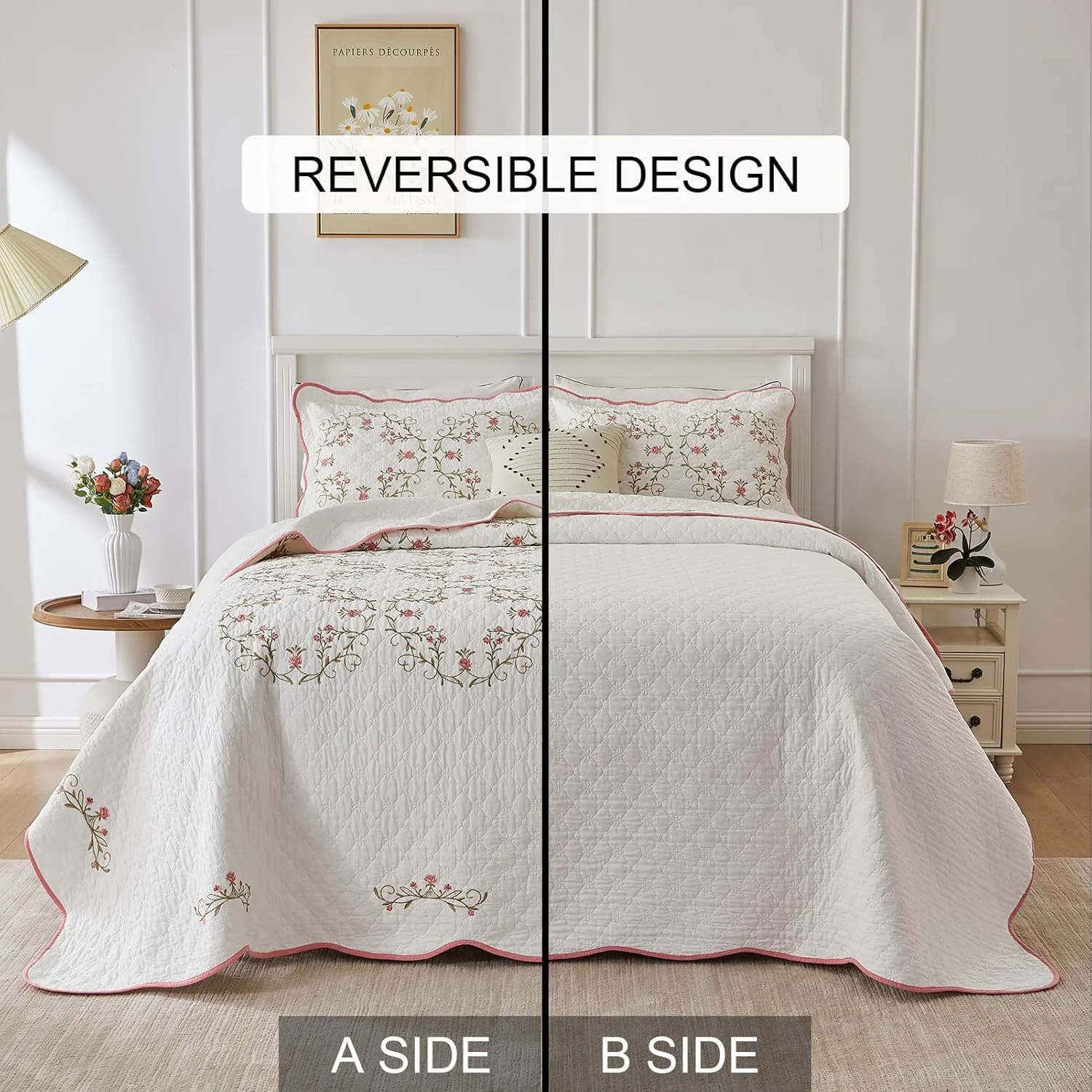 SahSahCasa 120"x120" 100% Cotton Oversized California King Embroidery Bedspread Coverlet Quilt Set, Floral Cal King Quilted Bedspread Extra Large Quilt, XL Bed Spread Lightweight Comforter, Pink