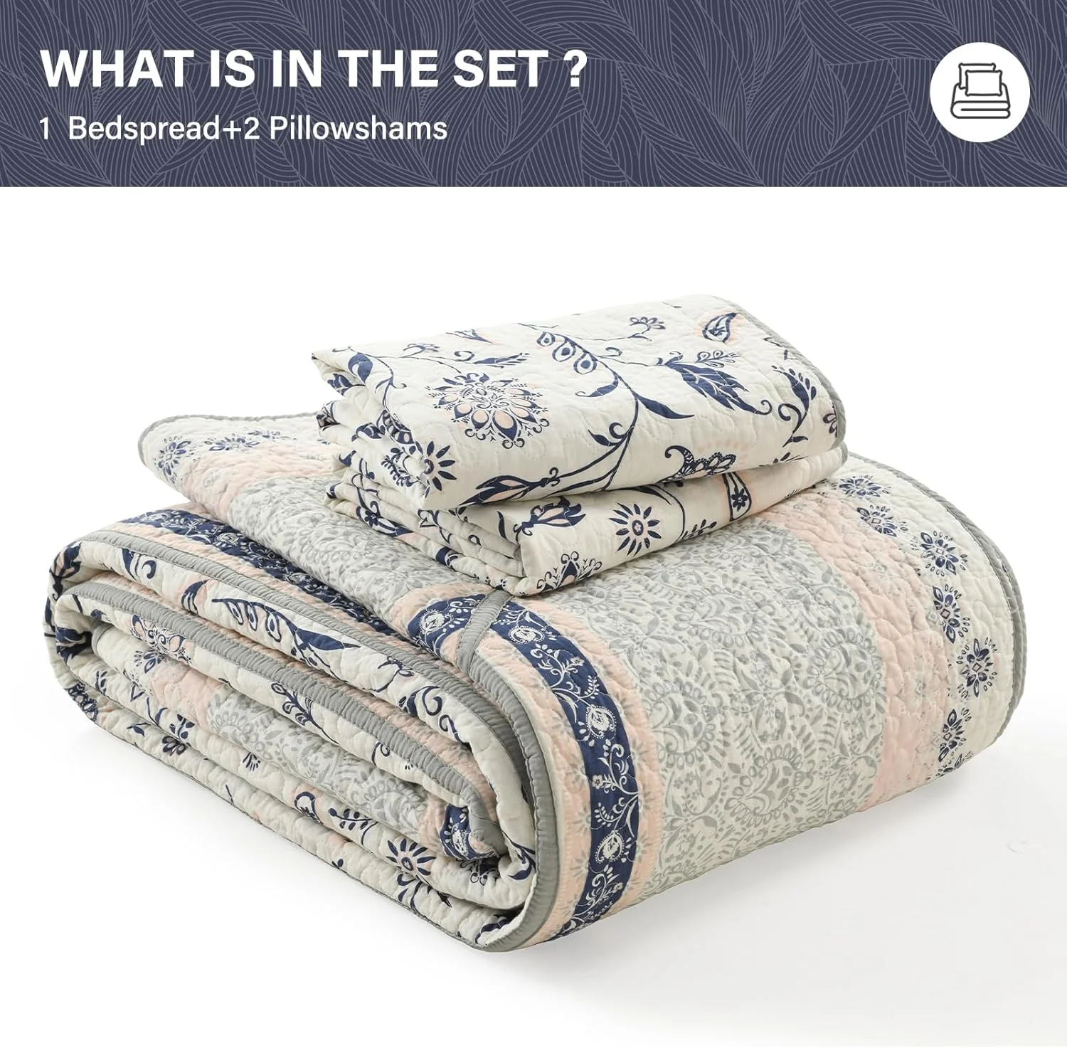 SahSahCasa 100% Cotton 128"x120" Oversized California King Bedspread Coverlet Quilt Set, Cal King Quilted Bedspread Extra Large Quilt, Floral XL Bed Spread Lightweight Comforter, 3pc, Navy