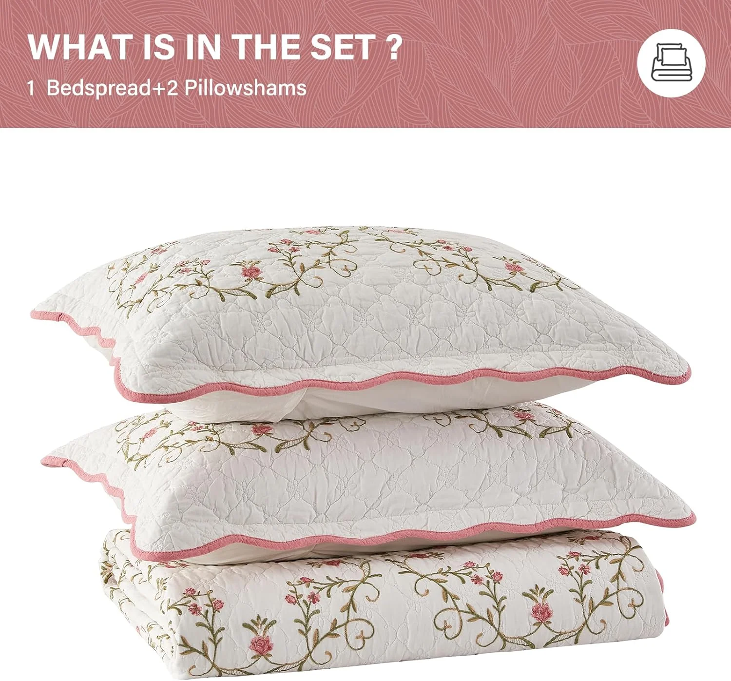 SahSahCasa 120"x120" 100% Cotton Oversized California King Embroidery Bedspread Coverlet Quilt Set, Floral Cal King Quilted Bedspread Extra Large Quilt, XL Bed Spread Lightweight Comforter, Pink