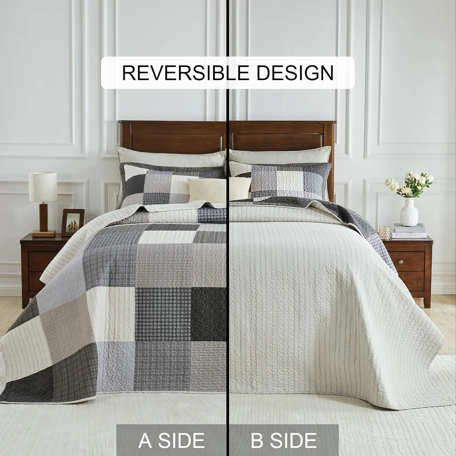 ست روتختی لحاف دار سایز بزرگ SahSahCasa، 3 تکه، طرح چهارخانه، خاکستری، 305x259 سانتی متر، 100% پنبه