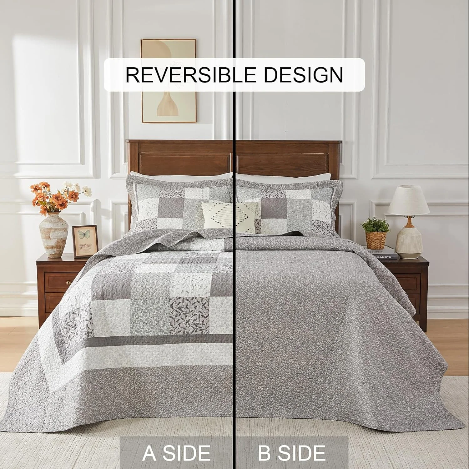 لحاف بزرگ کینگ سایز SahSahCasa، پنبه 100%، 3 تکه، 305x305 سانتی متر، رو تختی فوق العاده بزرگ و سبک، خاکستری لحاف بزرگ کینگ سایز SahSahCasa، پنبه 100%، 3 تکه، 305x305 سانتی متر، رو تختی فوق العاده بزرگ و سبک، خاکستری