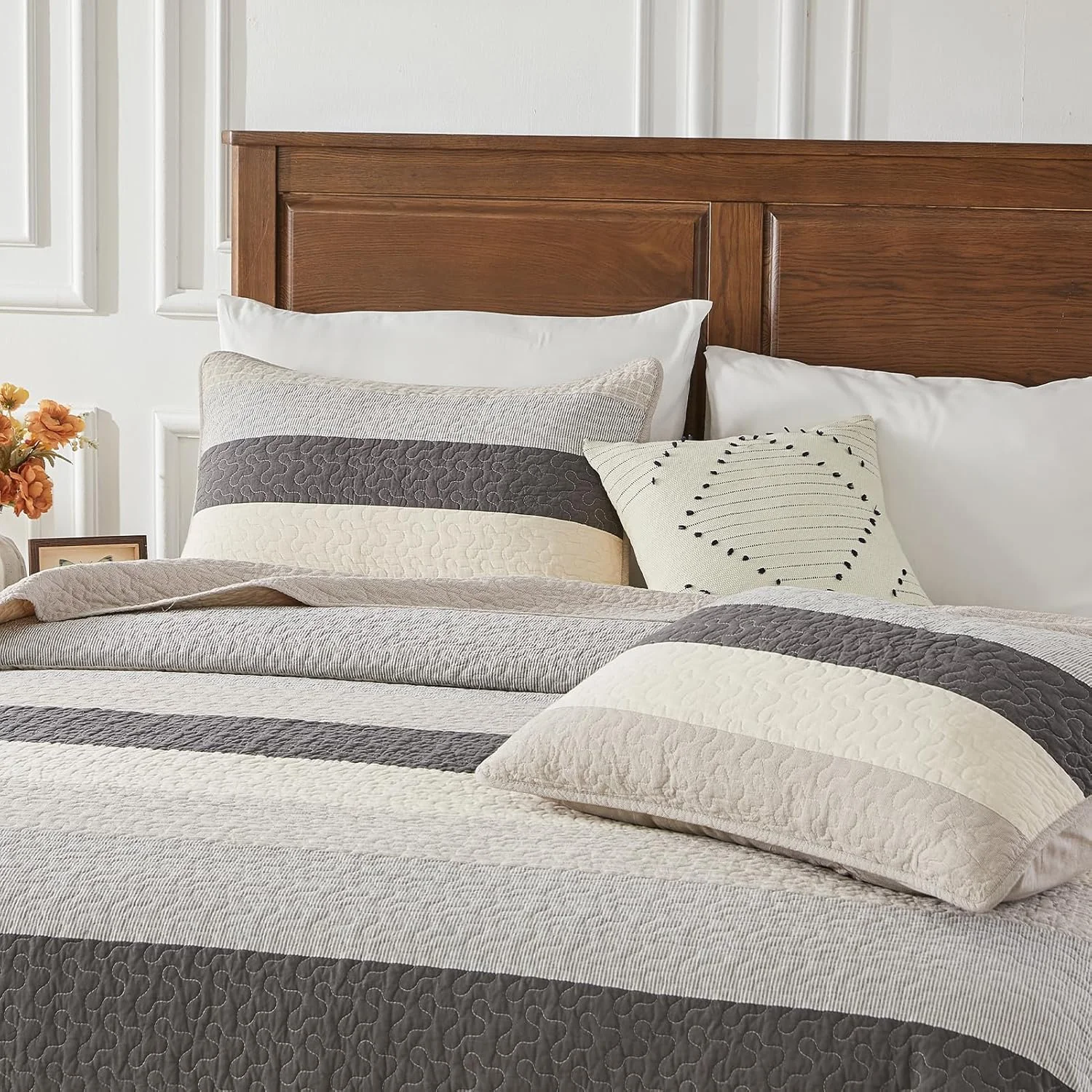 لحاف پنبه ای 100% SahSahCasa سایز بزرگ 304x259 سانتی متر، روانداز فوق العاده بزرگ و عریض، لحاف سبک وزن، لحاف راه راه، 3 تکه، خاکستری لحاف پنبه ای 100% SahSahCasa سایز بزرگ 304x259 سانتی متر، روانداز فوق العاده بزرگ و عریض، لحاف سبک وزن، لحاف راه راه، 3 تکه، خاکستری