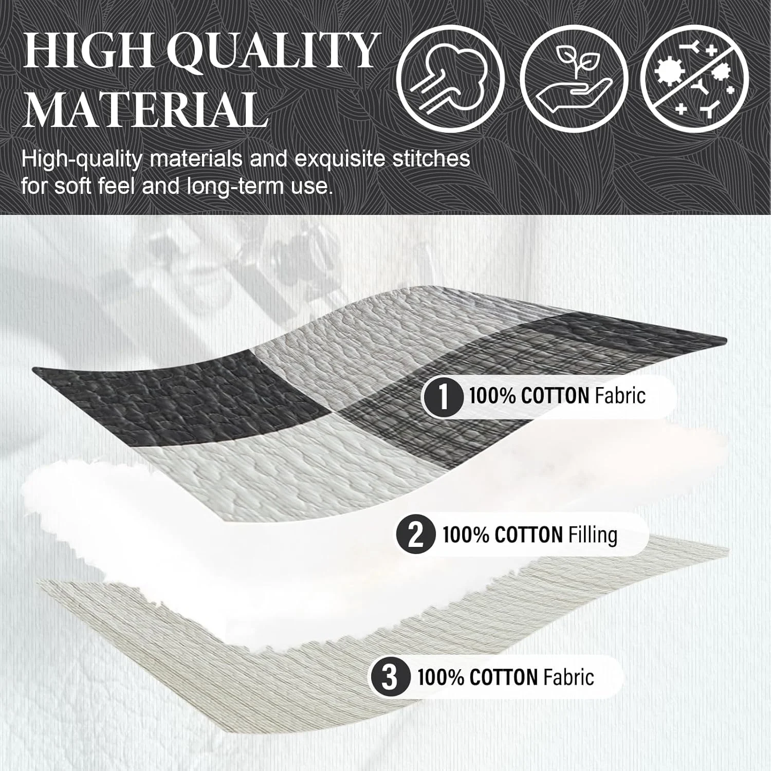 ست روتختی لحاف دار سایز بزرگ SahSahCasa، 3 تکه، طرح چهارخانه، خاکستری، 305x259 سانتی متر، 100% پنبه