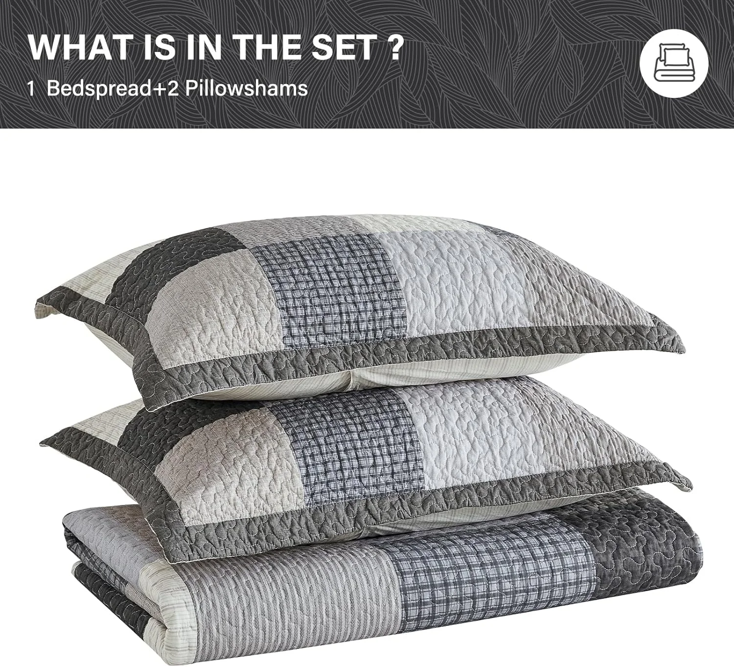 ست روتختی لحاف دار سایز بزرگ SahSahCasa، 3 تکه، طرح چهارخانه، خاکستری، 305x259 سانتی متر، 100% پنبه