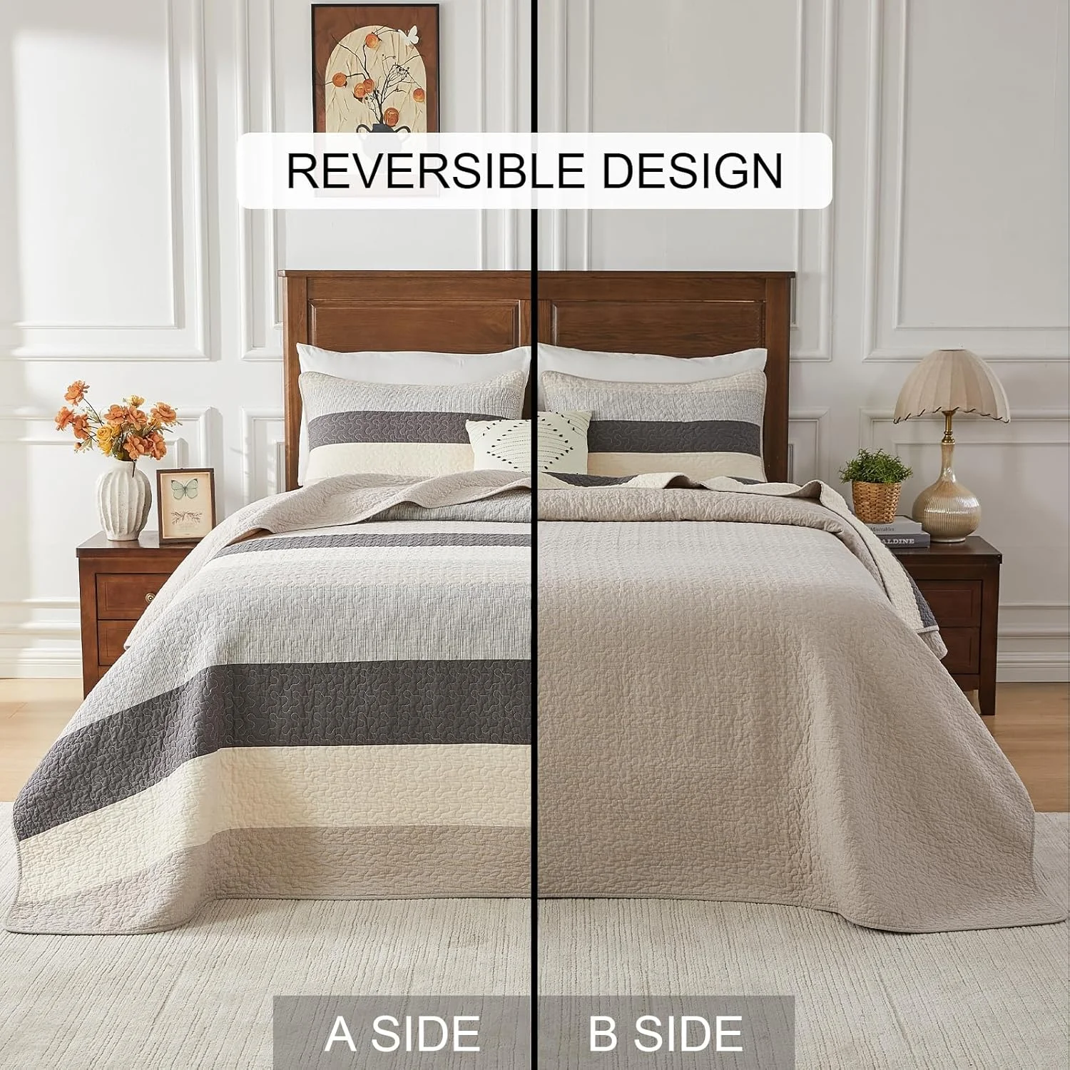 لحاف کینگ سایز بزرگ SahSahCasa، 100% پنبه، 325x305 سانتی متر، روانداز فوق العاده عریض، لحاف سبک وزن، لحاف راه راه، 3 تکه، خاکستری لحاف کینگ سایز بزرگ SahSahCasa، 100% پنبه، 325x305 سانتی متر، روانداز فوق العاده عریض، لحاف سبک وزن، لحاف راه راه، 3 تکه، خاکستری