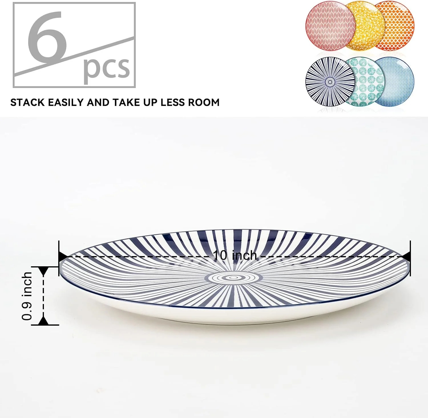 K KitchenTour Ceramic Dinner Plates - 10 Inch Dessert Pizza Pasta Plate Set - Dishwasher and Microwave Safe - Set of 6, Vintage