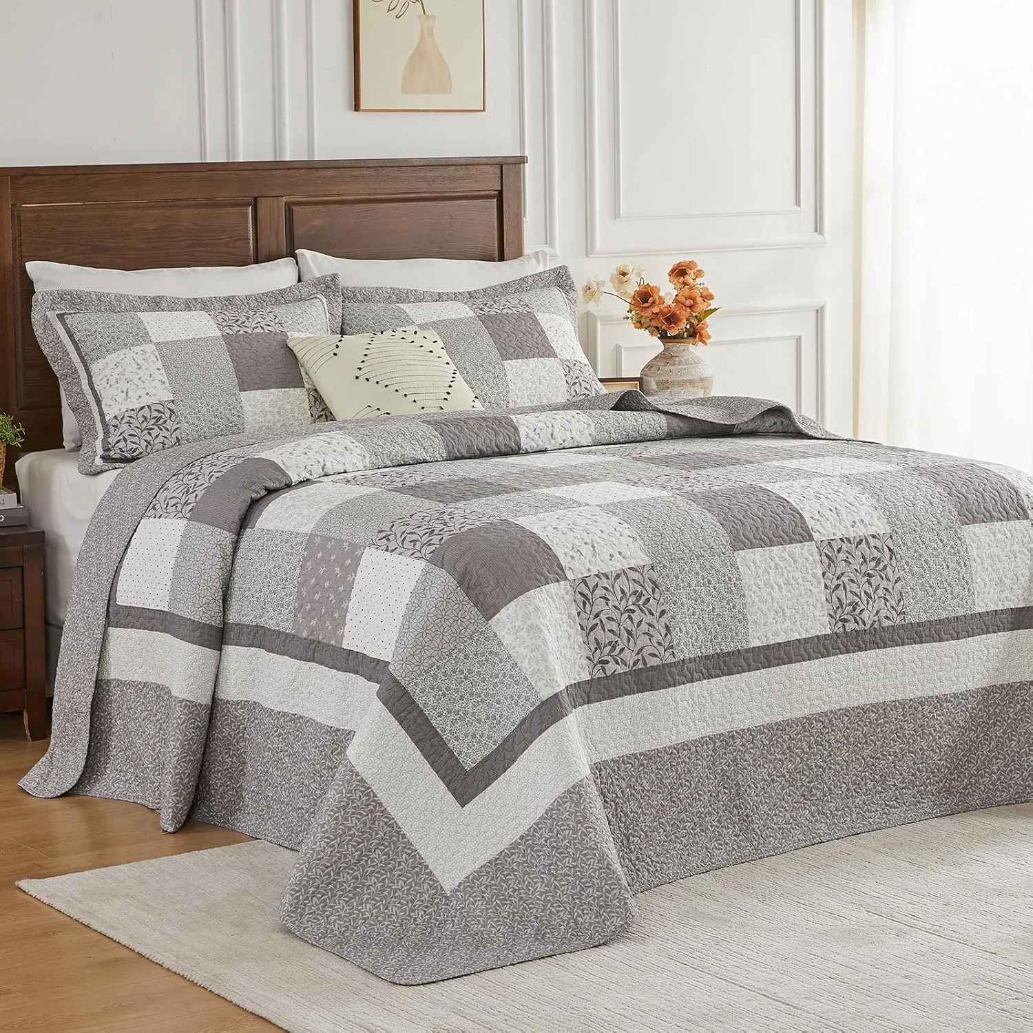 لحاف کینگ سایز بزرگ SahSahCasa، 100% پنبه، 3 تکه، 325x305 سانتی متر، لحاف سبک وزن، خاکستری