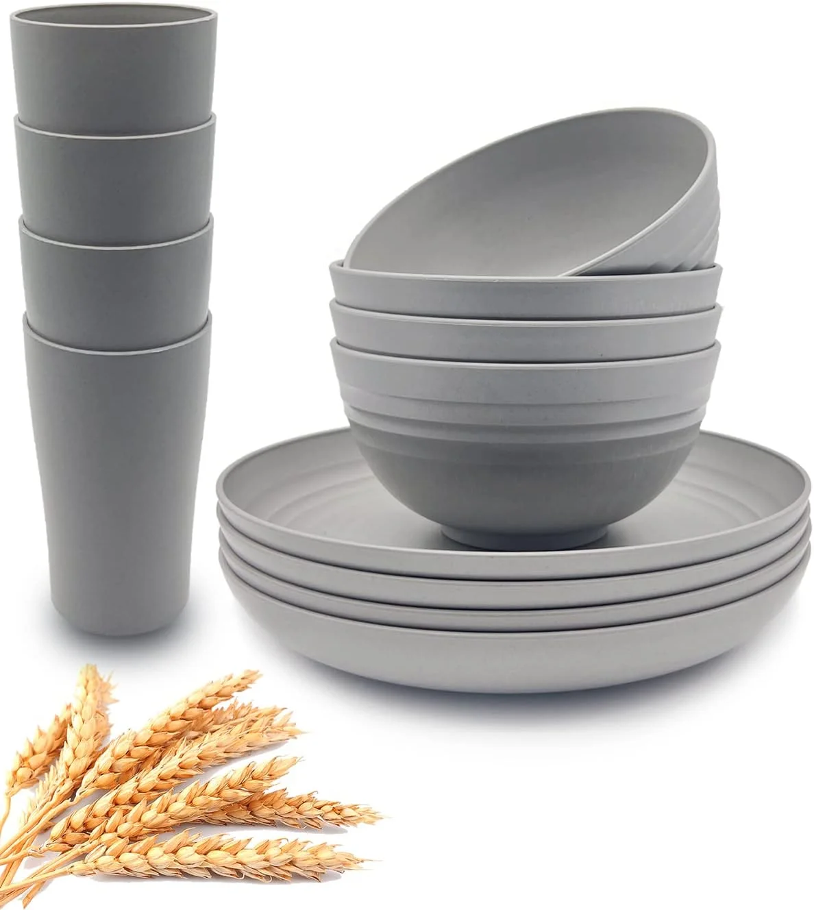 KITWILD Wheat Straw Dinnerware Sets, 12-Piece Lightweight Plastic Dinnerware Set with 8.9 Inch Unbreakable Plates, Bowl Set and Cup Set, BPA free, Dishwasher & Microwave Safe, Service for 4 - Grey KITWILD Wheat Straw Dinnerware Sets, 12-Piece Lightweight Plastic Dinnerware Set with 8.9 Inch Unbreakable Plates, Bowl Set and Cup Set, BPA free, Dishwasher & Microwave Safe, Service for 4 - Grey