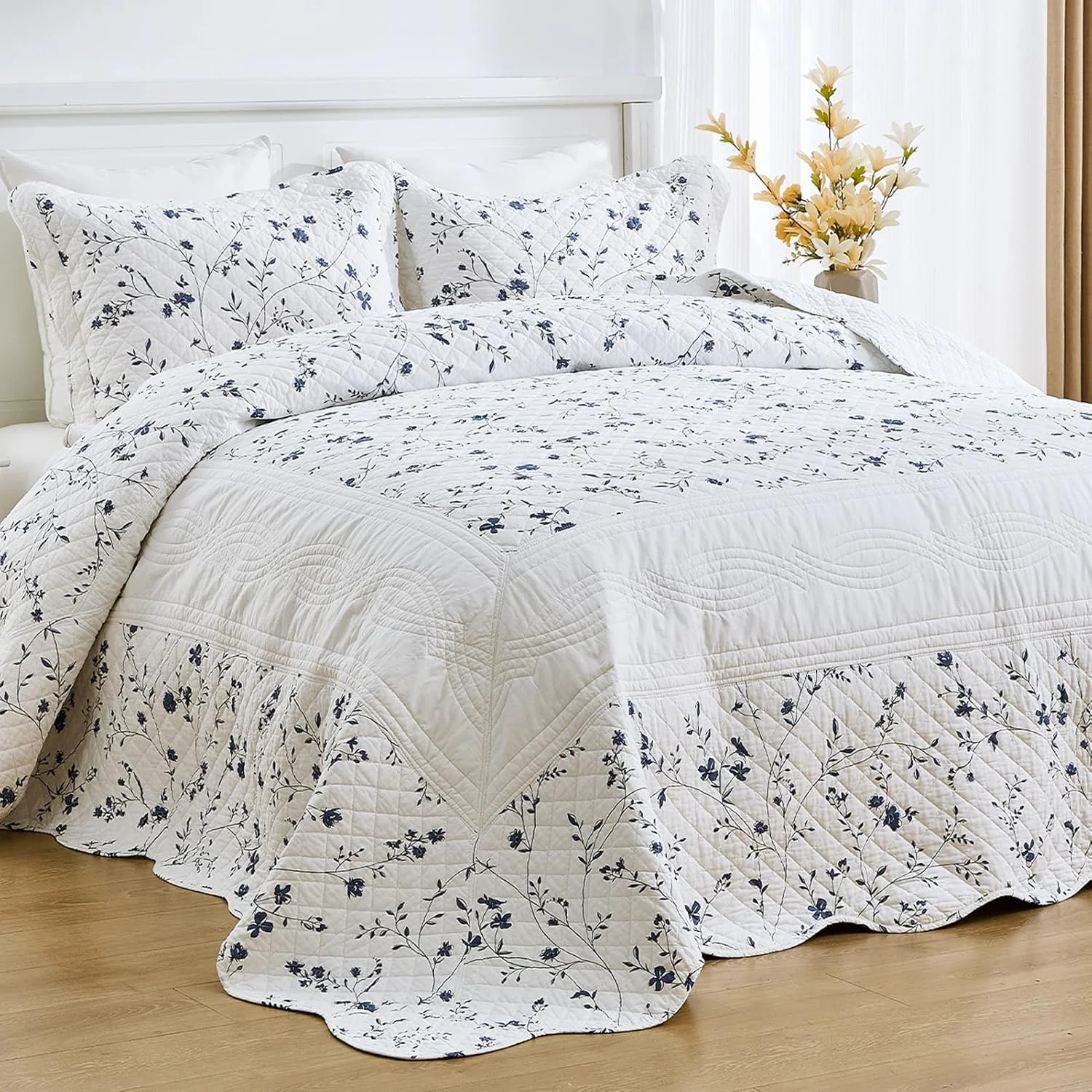 SahSahCasa 100% Cotton 128"x120" Oversized Bedspread Coverlet Quilt Set Lightweight Comforter, Blue