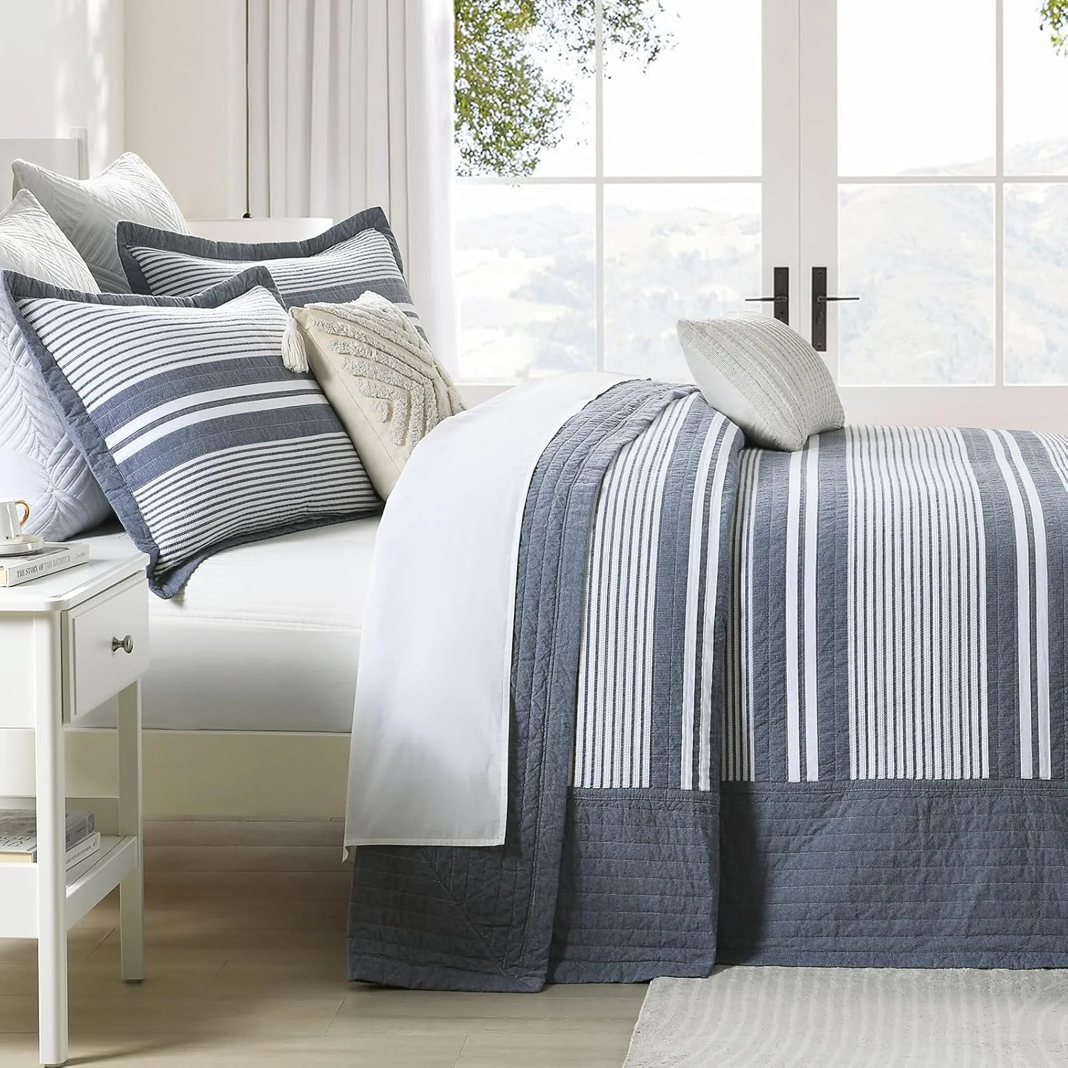 SahSahCasa 120"x102" 100% Cotton Oversized Queen Bedspread Coverlet Quilt Set, Queen Quilted Bedspread Extra Large Quilt, XL Bed Spread Lightweight Comforter, 3pc, Slate Gray