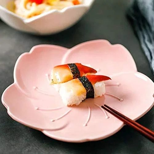KKGUD Cute Ceramic Serving Plates, Cherry Blossom Shaped Plates/ 3-Piece Dinnerware Plate Set (Pink)