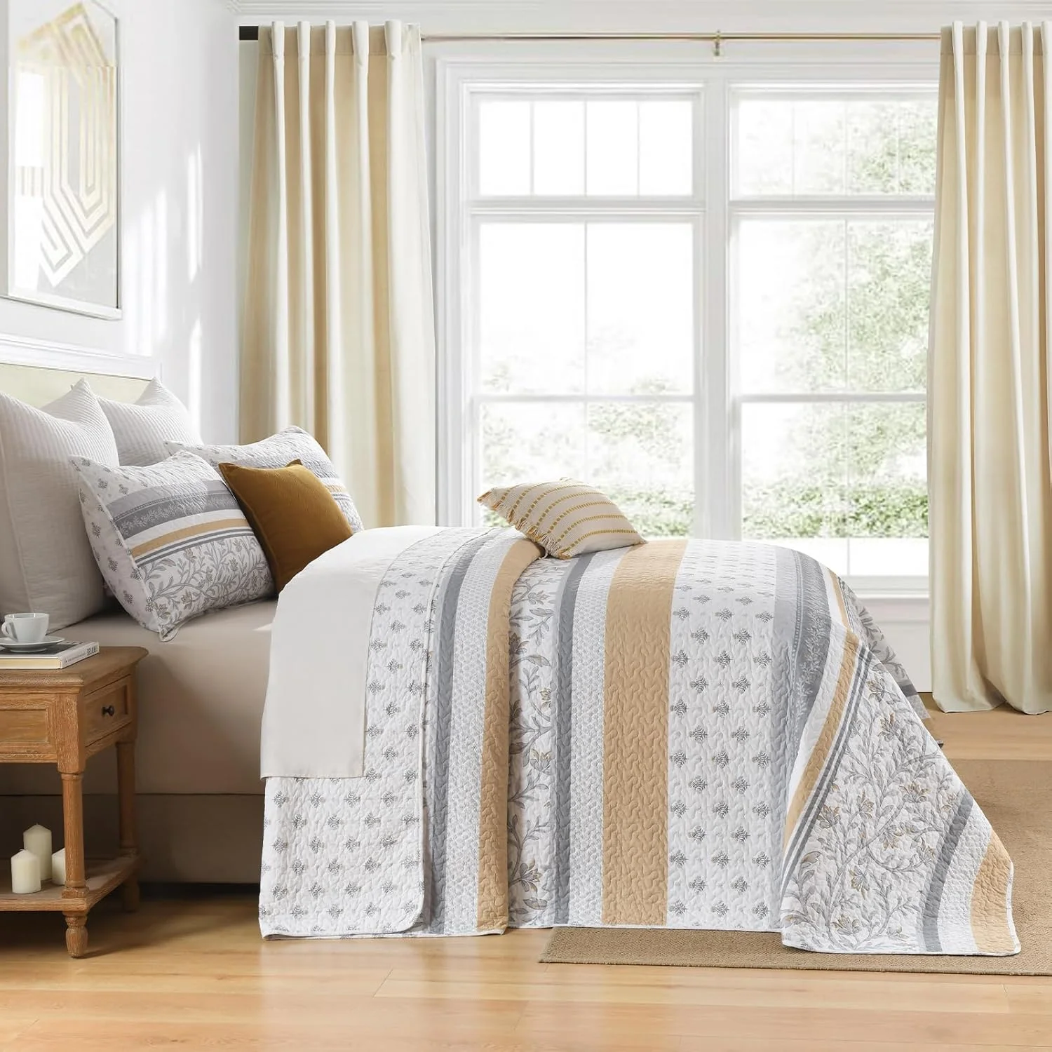 روتختی بزرگ پنبهای 100% ساه ساه کاسا، سایز 305x305 سانتیمتر مناسب کالیفرنیا کینگ، لحاف سبک وزن، طرح گلدار، 3 تکه، زرد/خاکستری روتختی بزرگ پنبهای 100% ساه ساه کاسا، سایز 305x305 سانتیمتر مناسب کالیفرنیا کینگ، لحاف سبک وزن، طرح گلدار، 3 تکه، زرد/خاکستری