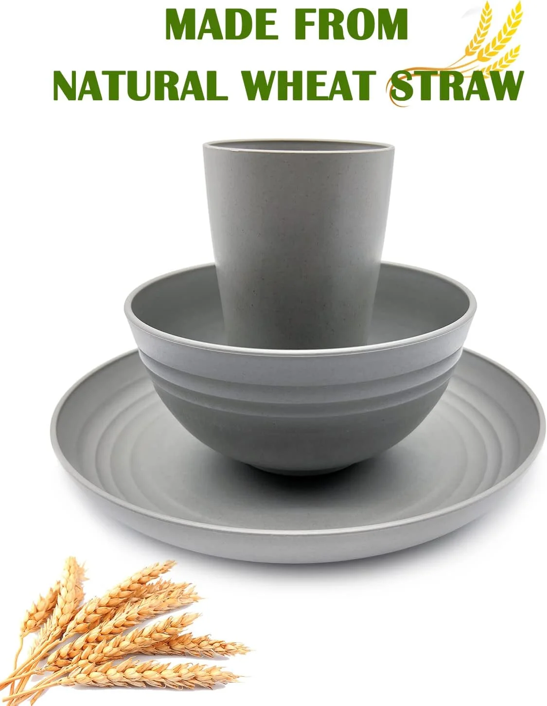KITWILD Wheat Straw Dinnerware Sets, 12-Piece Lightweight Plastic Dinnerware Set with 8.9 Inch Unbreakable Plates, Bowl Set and Cup Set, BPA free, Dishwasher & Microwave Safe, Service for 4 - Grey KITWILD Wheat Straw Dinnerware Sets, 12-Piece Lightweight Plastic Dinnerware Set with 8.9 Inch Unbreakable Plates, Bowl Set and Cup Set, BPA free, Dishwasher & Microwave Safe, Service for 4 - Grey