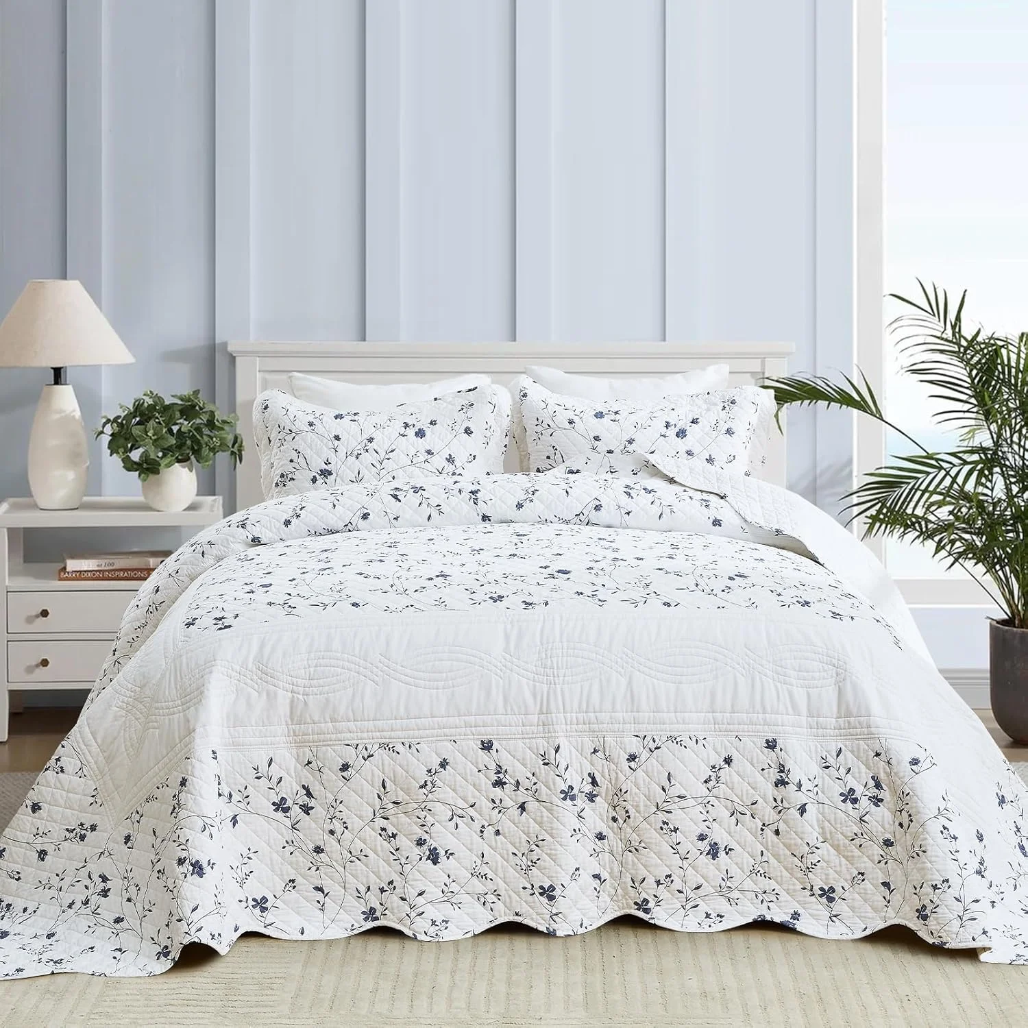 SahSahCasa 100% Cotton 128"x120" Oversized Bedspread Coverlet Quilt Set Lightweight Comforter, Blue