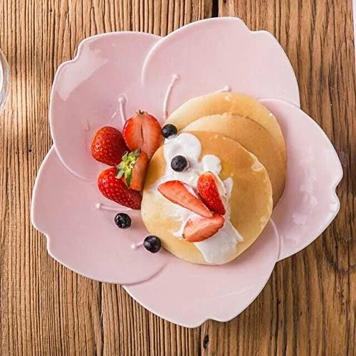 KKGUD Cute Ceramic Serving Plates, Cherry Blossom Shaped Plates/ 3-Piece Dinnerware Plate Set (Pink)