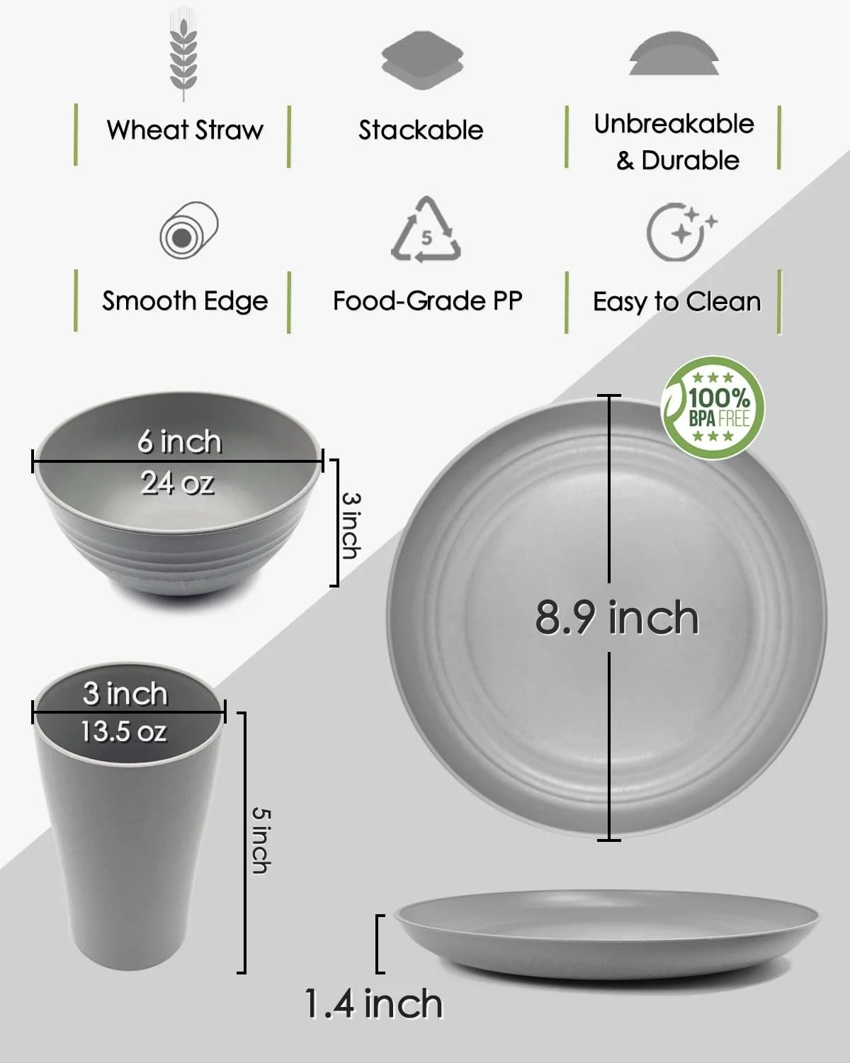 KITWILD Wheat Straw Dinnerware Sets, 12-Piece Lightweight Plastic Dinnerware Set with 8.9 Inch Unbreakable Plates, Bowl Set and Cup Set, BPA free, Dishwasher & Microwave Safe, Service for 4 - Grey KITWILD Wheat Straw Dinnerware Sets, 12-Piece Lightweight Plastic Dinnerware Set with 8.9 Inch Unbreakable Plates, Bowl Set and Cup Set, BPA free, Dishwasher & Microwave Safe, Service for 4 - Grey