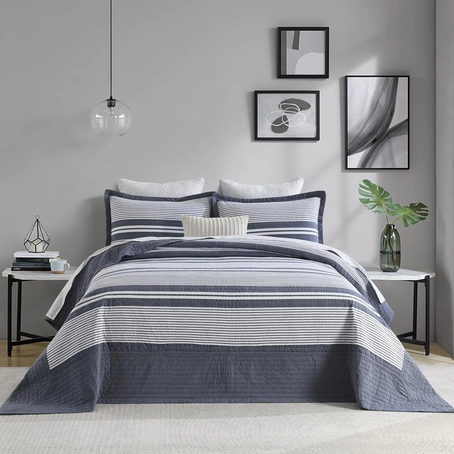 SahSahCasa 120"x102" 100% Cotton Oversized Queen Bedspread Coverlet Quilt Set, Queen Quilted Bedspread Extra Large Quilt, XL Bed Spread Lightweight Comforter, 3pc, Slate Gray