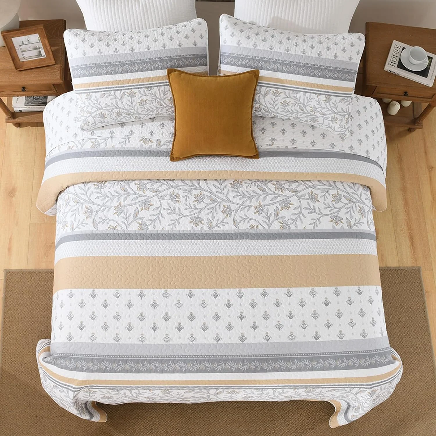 روتختی بزرگ پنبهای 100% ساه ساه کاسا، سایز 305x305 سانتیمتر مناسب کالیفرنیا کینگ، لحاف سبک وزن، طرح گلدار، 3 تکه، زرد/خاکستری روتختی بزرگ پنبهای 100% ساه ساه کاسا، سایز 305x305 سانتیمتر مناسب کالیفرنیا کینگ، لحاف سبک وزن، طرح گلدار، 3 تکه، زرد/خاکستری