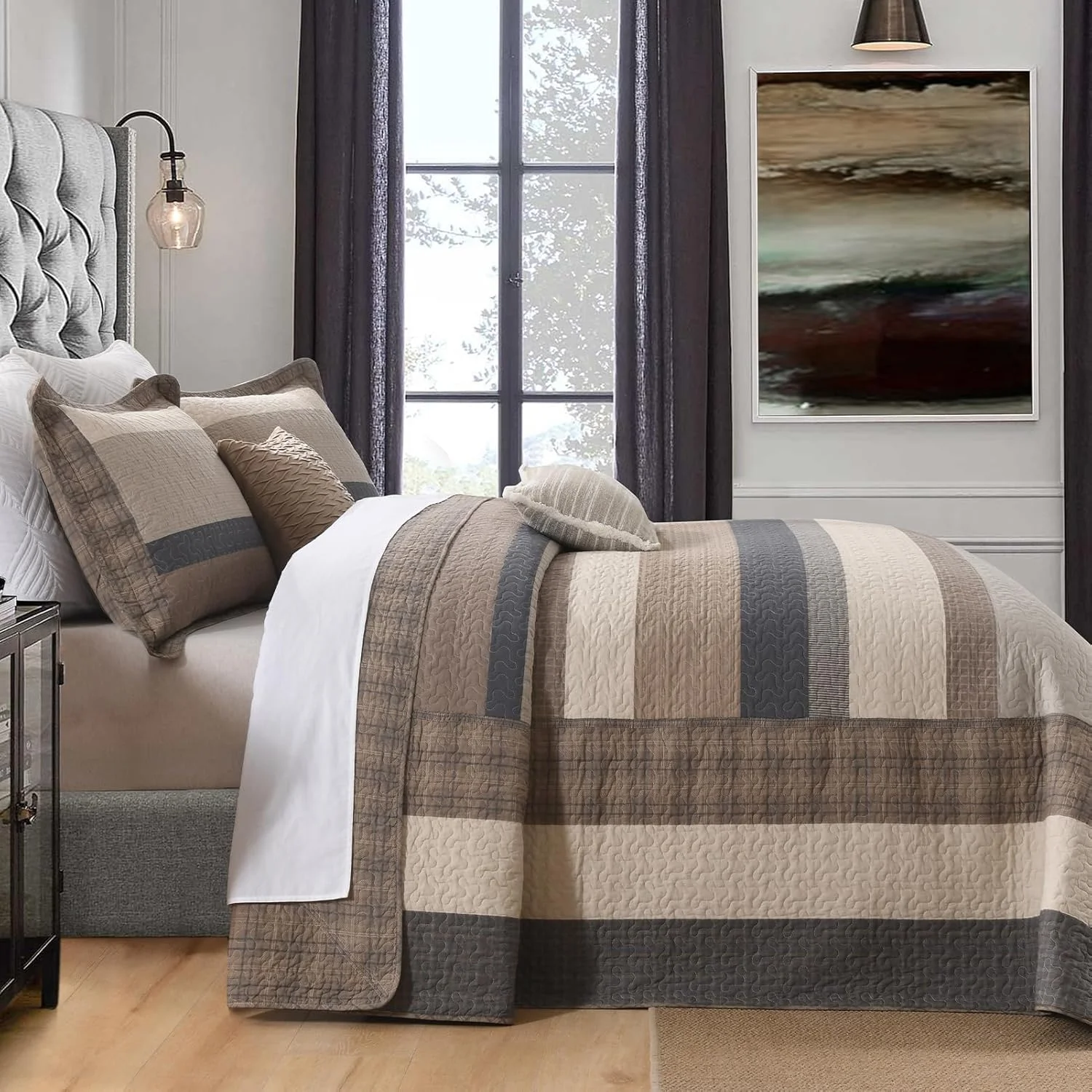 ست روتختی لحافی بزرگ پنبه ای 100% SahSahCasa، سایز 325x305 سانتی متر، لحاف سبک وزن، قهوه ای/بژ/چوبی/ذغالی