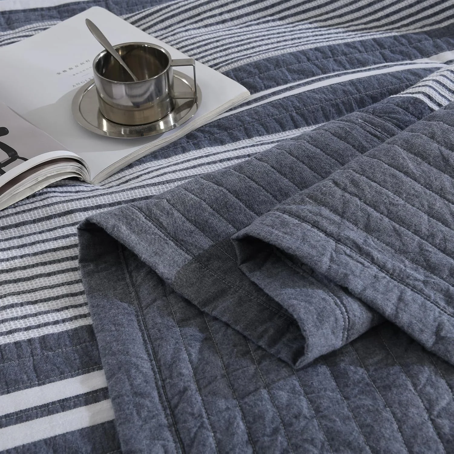 SahSahCasa 120"x102" 100% Cotton Oversized Queen Bedspread Coverlet Quilt Set, Queen Quilted Bedspread Extra Large Quilt, XL Bed Spread Lightweight Comforter, 3pc, Slate Gray