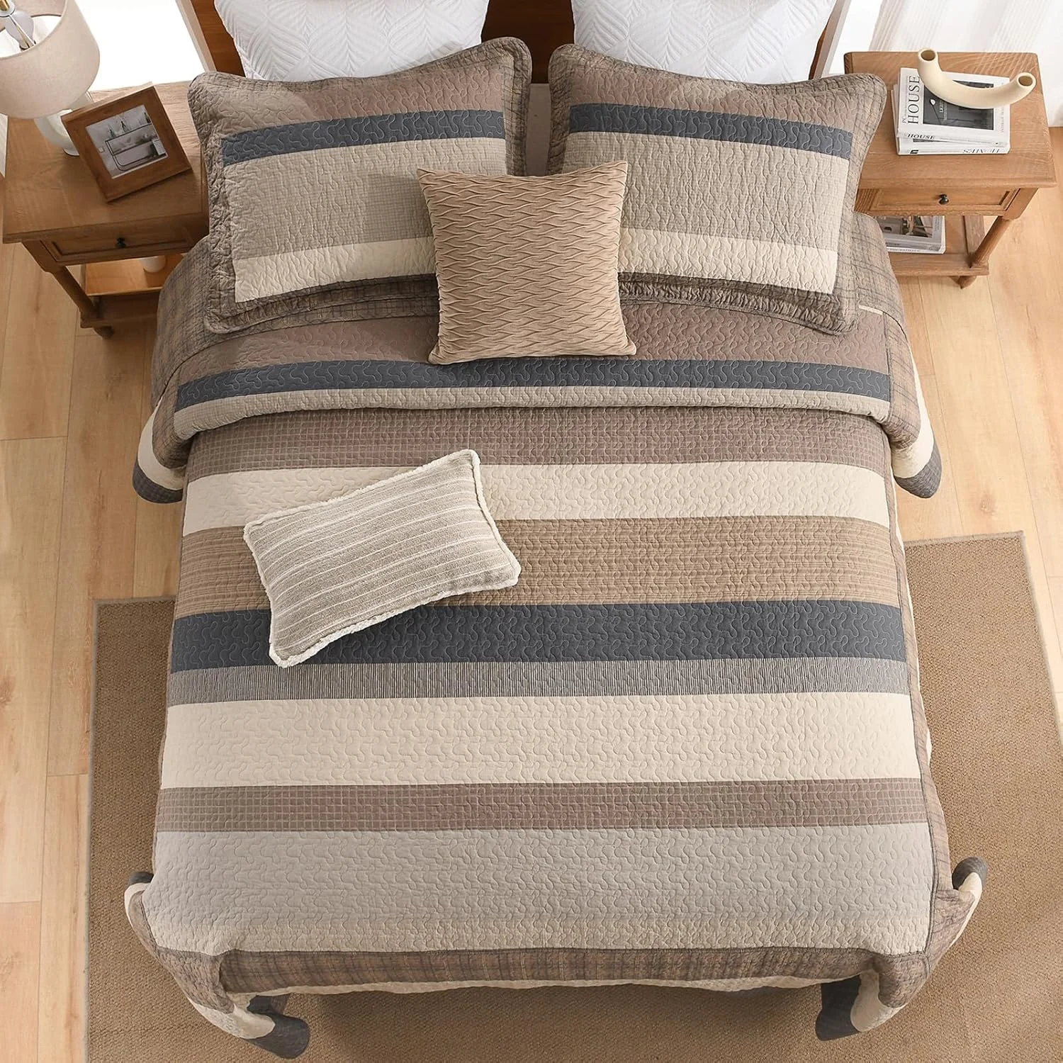 ست روتختی لحافی بزرگ پنبه ای 100% SahSahCasa، سایز 325x305 سانتی متر، لحاف سبک وزن، قهوه ای/بژ/چوبی/ذغالی