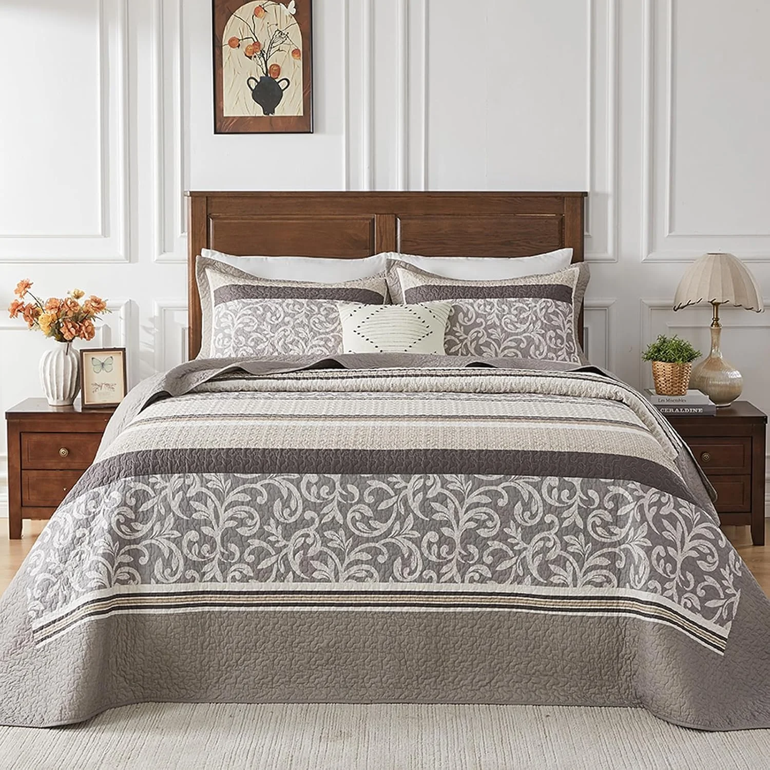 لحاف بزرگ پنبه ای 100% SahSahCasa، سایز 305x259 سانتی متر، رو تختی فوق العاده بزرگ و سبک، لحاف راه راه، 3 تکه، خاکستری/قهوه ای