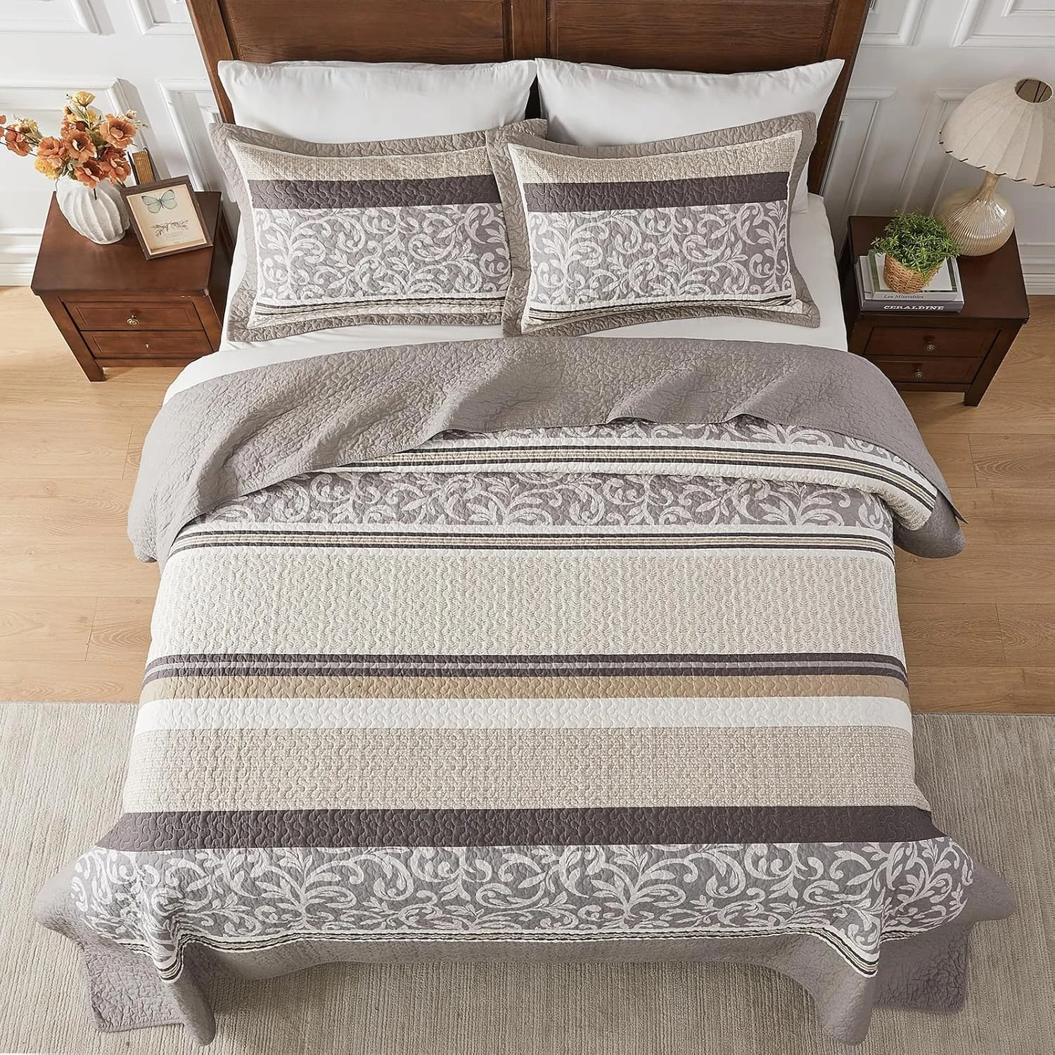 لحاف بزرگ پنبه ای 100% SahSahCasa، سایز 305x259 سانتی متر، رو تختی فوق العاده بزرگ و سبک، لحاف راه راه، 3 تکه، خاکستری/قهوه ای