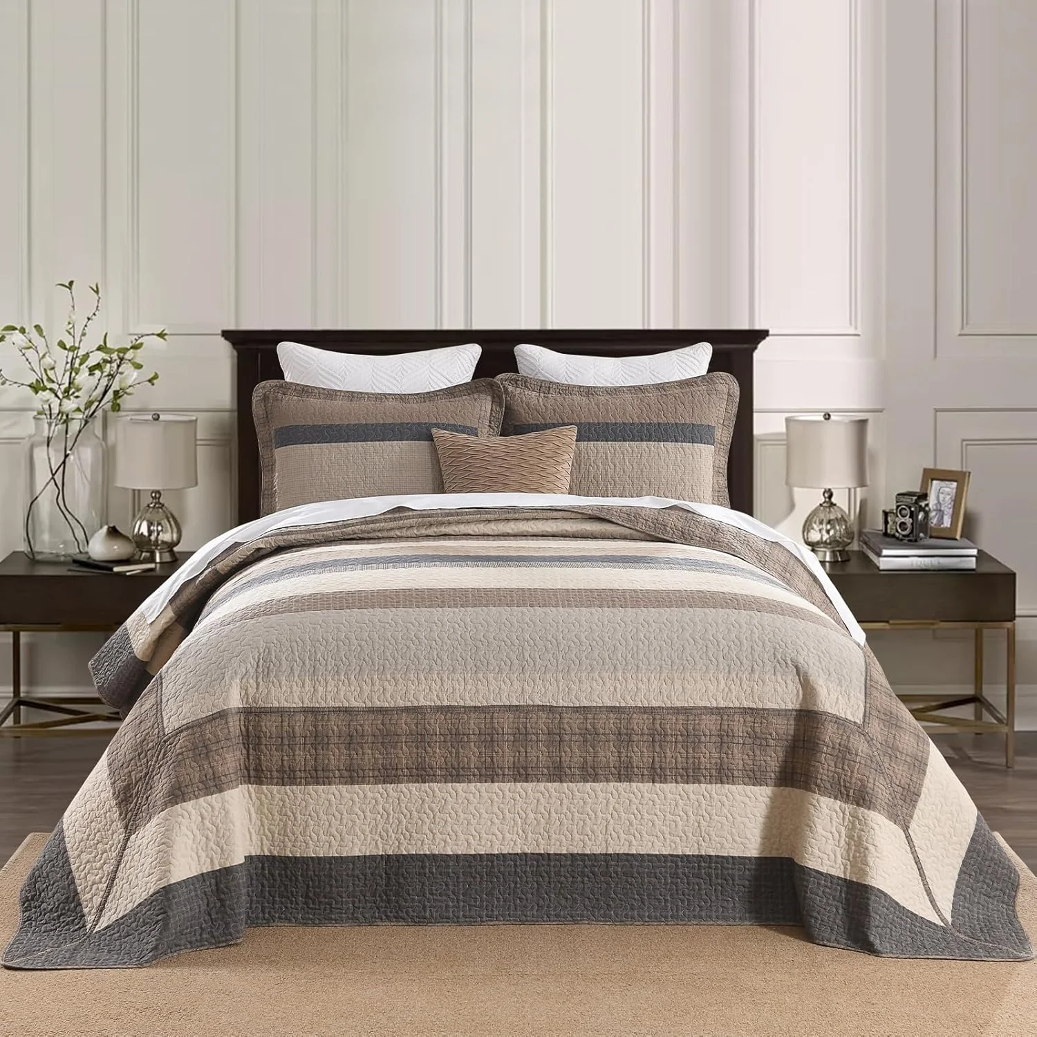 ست روتختی لحافی بزرگ پنبه ای 100% SahSahCasa، سایز 325x305 سانتی متر، لحاف سبک وزن، قهوه ای/بژ/چوبی/ذغالی