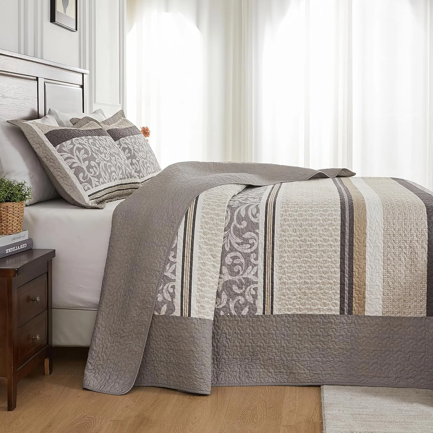 لحاف بزرگ پنبه ای 100% SahSahCasa، سایز 305x259 سانتی متر، رو تختی فوق العاده بزرگ و سبک، لحاف راه راه، 3 تکه، خاکستری/قهوه ای