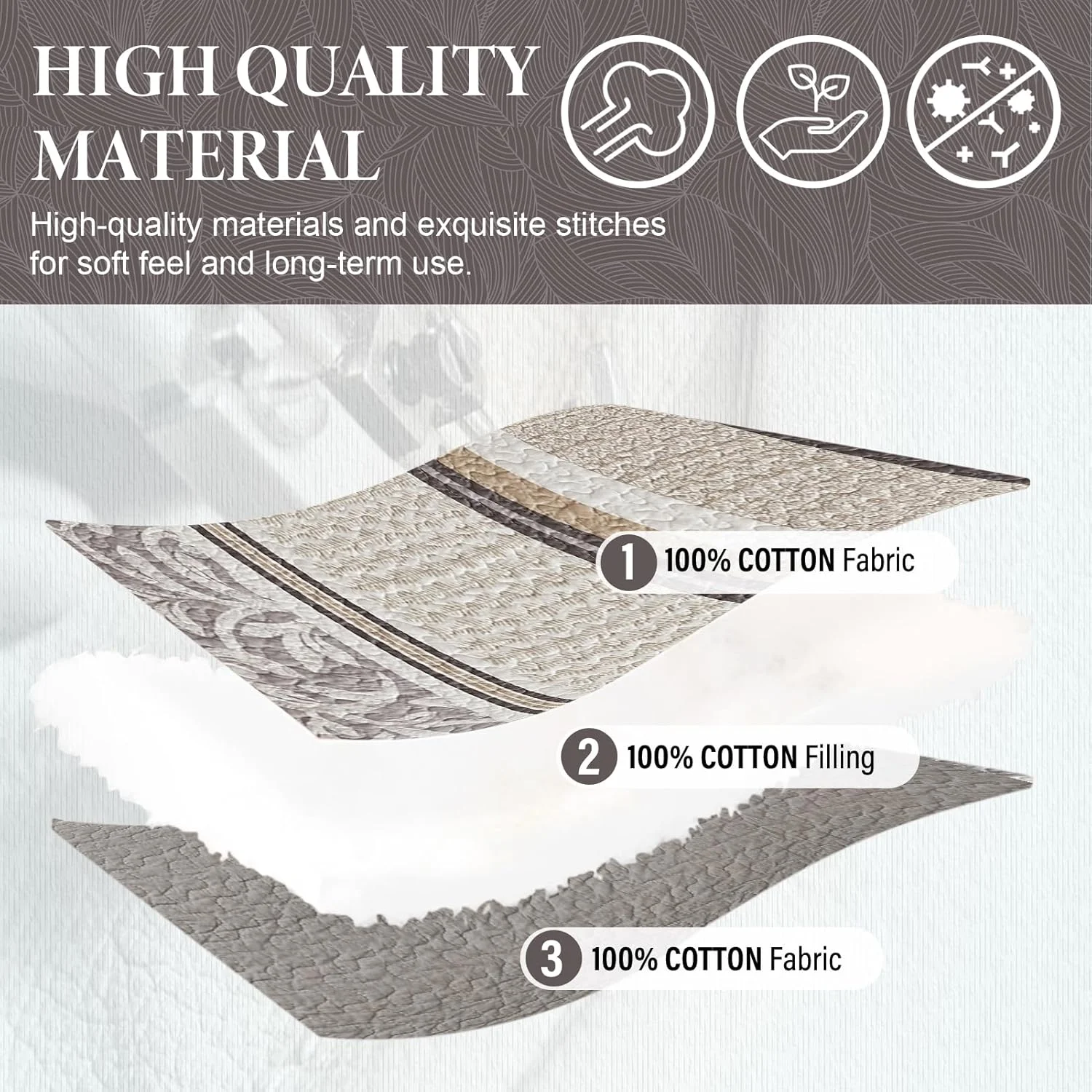 لحاف بزرگ پنبه ای 100% SahSahCasa، سایز 305x259 سانتی متر، رو تختی فوق العاده بزرگ و سبک، لحاف راه راه، 3 تکه، خاکستری/قهوه ای