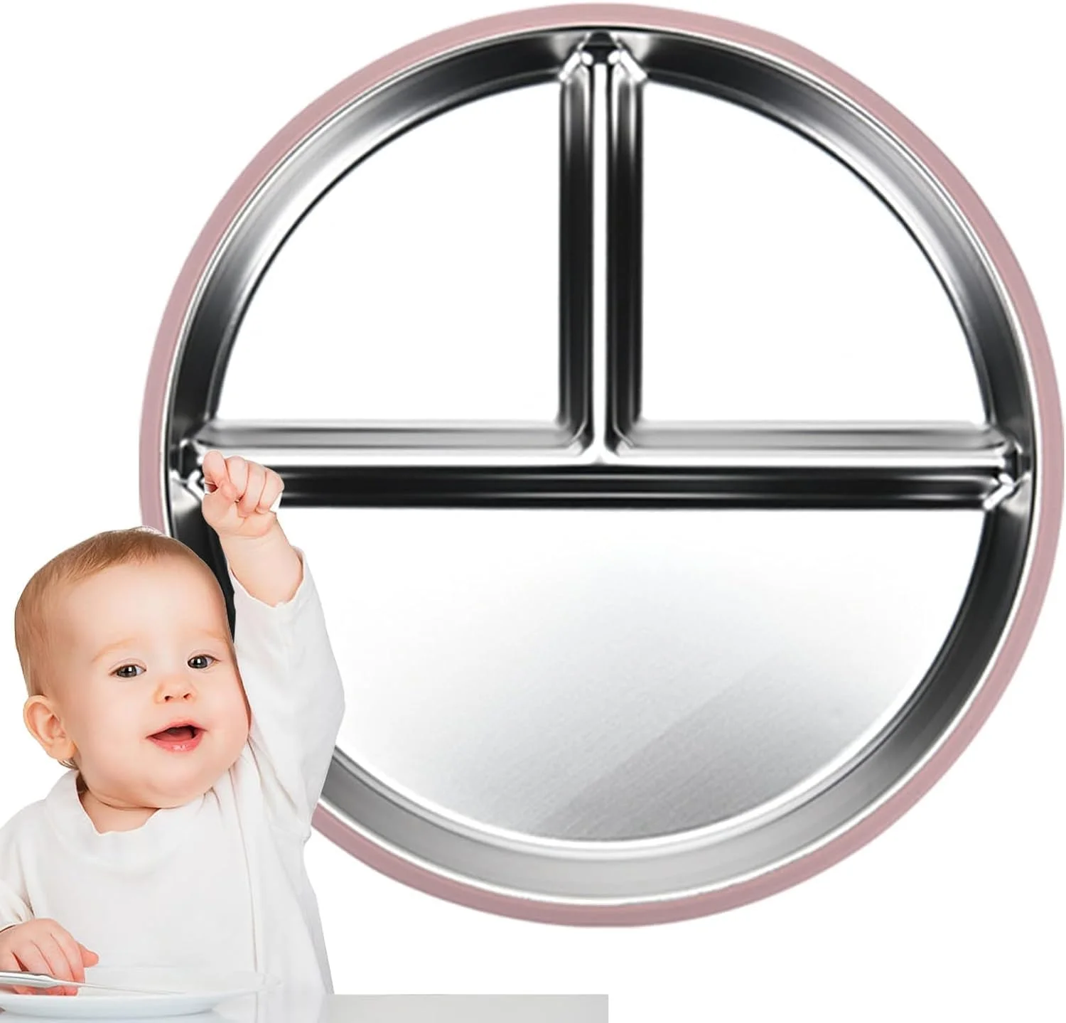 بشقاب استیل ضد زنگ کودک - ظروف فلزی تقسیم شده | سینی غذای سه قسمتی | ظروف استیل نچسب برای کودکان | بشقاب سرو غذای بادوام برای میوه ها، سبزیجات، گوشت، استفاده آسان