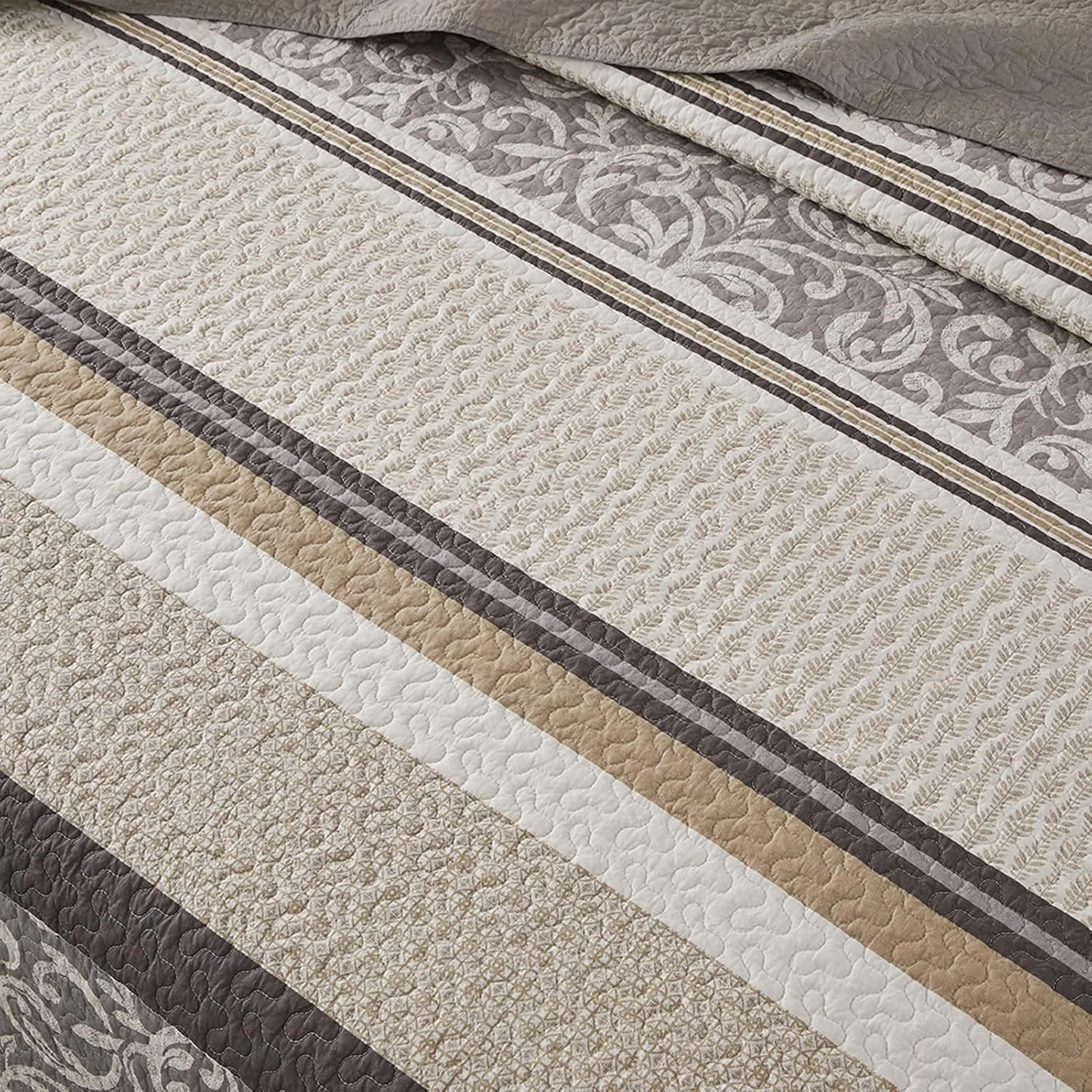 لحاف بزرگ پنبه ای 100% SahSahCasa، سایز 305x259 سانتی متر، رو تختی فوق العاده بزرگ و سبک، لحاف راه راه، 3 تکه، خاکستری/قهوه ای