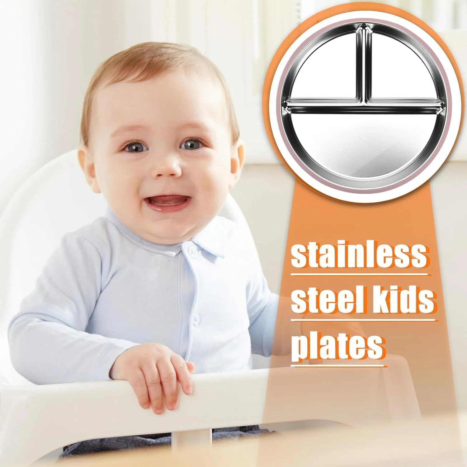 بشقاب استیل ضد زنگ کودک - ظروف فلزی تقسیم شده | سینی غذای سه قسمتی | ظروف استیل نچسب برای کودکان | بشقاب سرو غذای بادوام برای میوه ها، سبزیجات، گوشت، استفاده آسان