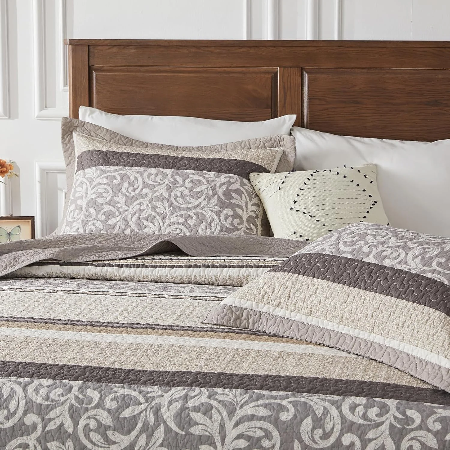 لحاف بزرگ پنبه ای 100% SahSahCasa، سایز 305x259 سانتی متر، رو تختی فوق العاده بزرگ و سبک، لحاف راه راه، 3 تکه، خاکستری/قهوه ای