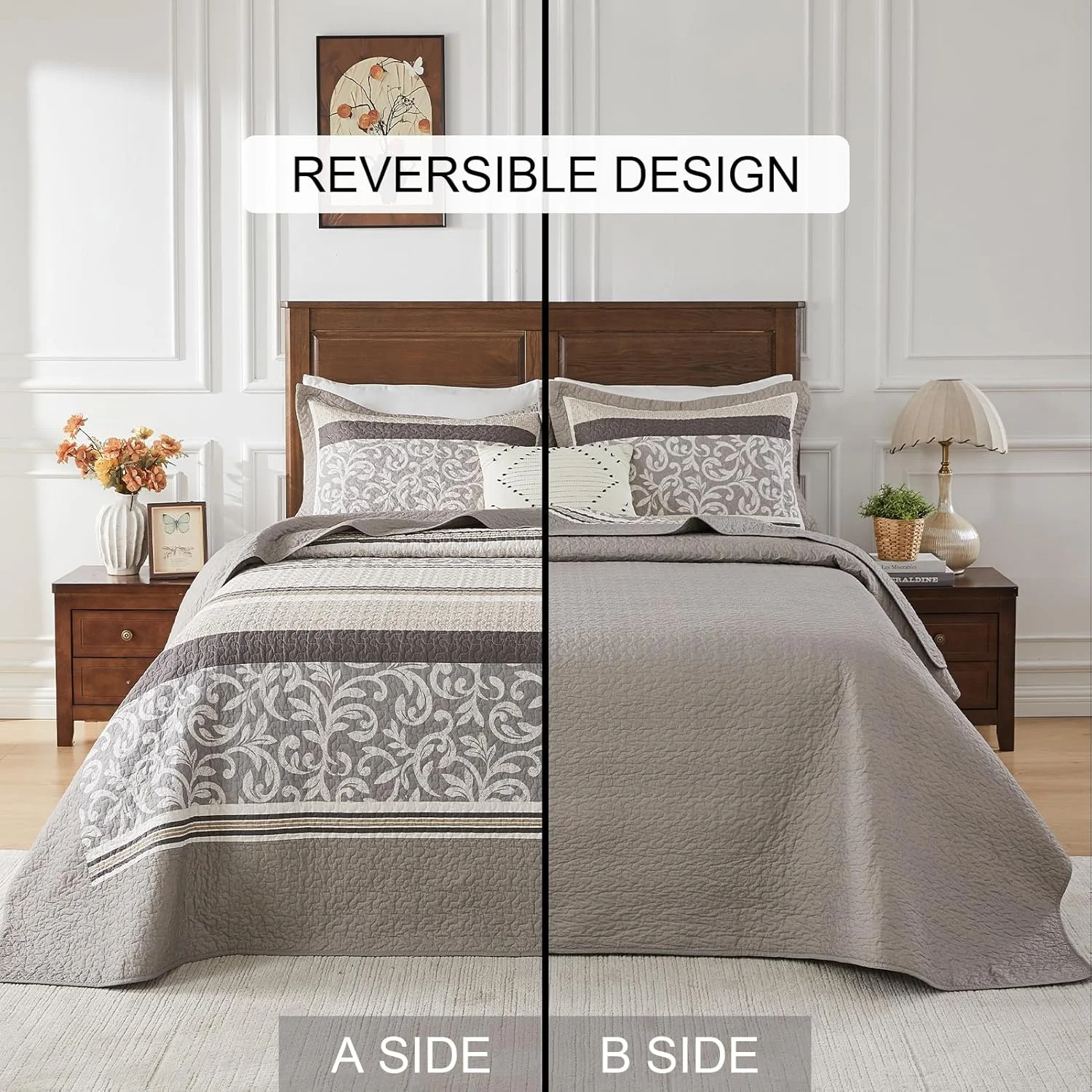 لحاف بزرگ پنبه ای 100% SahSahCasa، سایز 305x259 سانتی متر، رو تختی فوق العاده بزرگ و سبک، لحاف راه راه، 3 تکه، خاکستری/قهوه ای