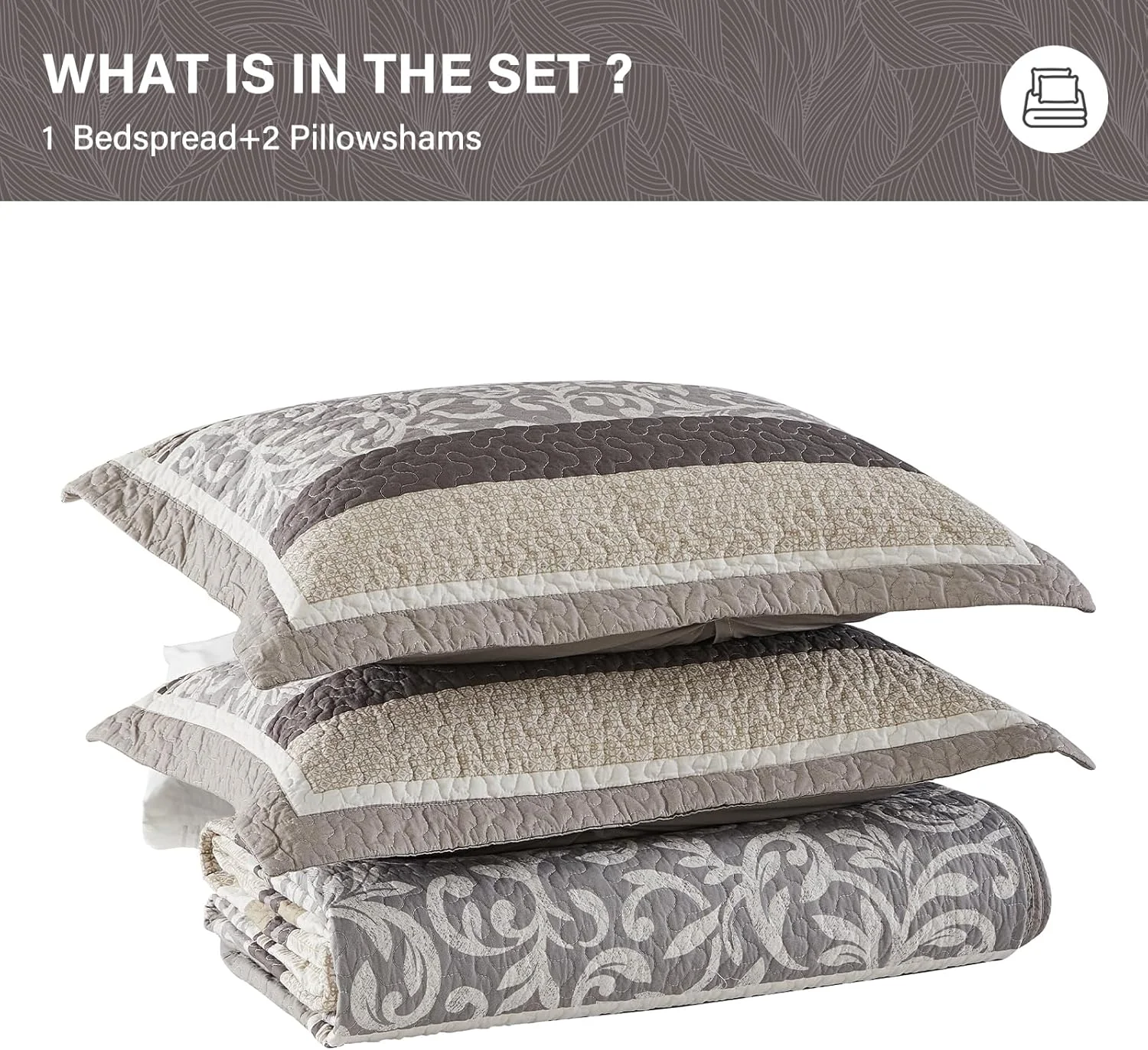 لحاف بزرگ پنبه ای 100% SahSahCasa، سایز 305x259 سانتی متر، رو تختی فوق العاده بزرگ و سبک، لحاف راه راه، 3 تکه، خاکستری/قهوه ای