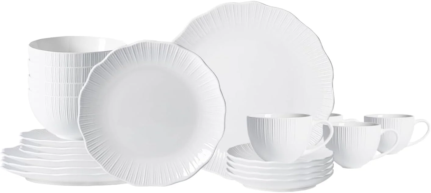 KilomSumat 20-Piece Porcelain Kitchen Dinnerware Set with Plates, Bowls and Mugs, Service for 4 - White