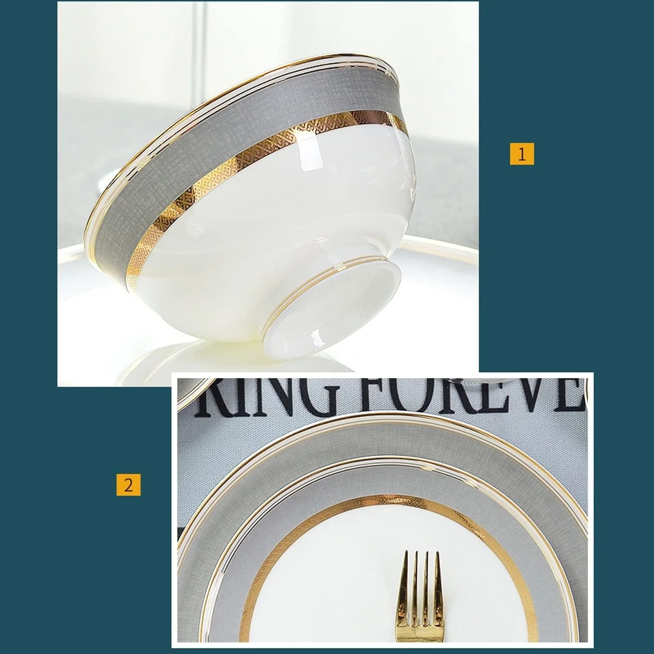 سرویس ظروف غذاخوری آشپزخانه 60 پارچه، ست بشقاب و کاسه چینی استخوانی لوکس، ظروف هدیه شیک و زیبا، تمیز کردن آسان