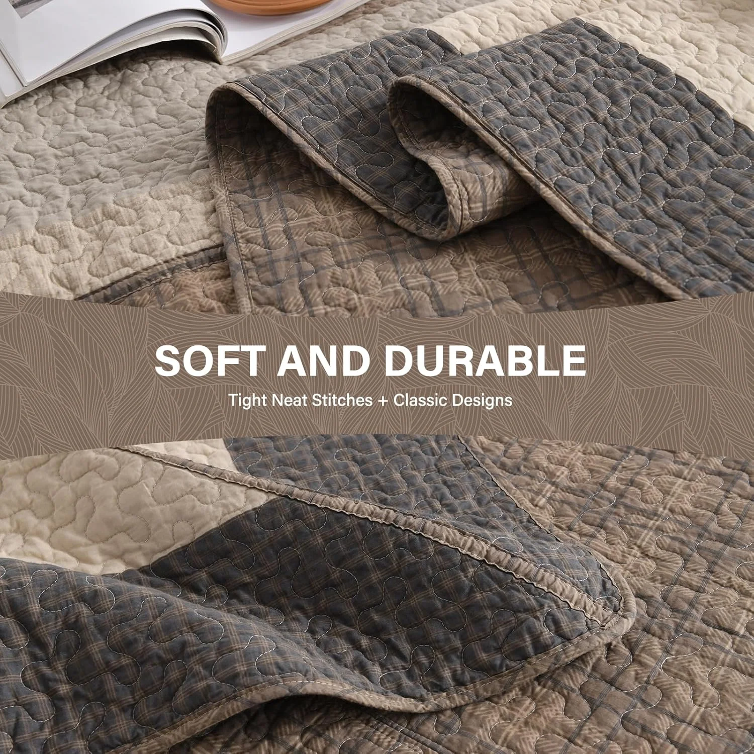 ست روتختی لحافی بزرگ پنبه ای 100% SahSahCasa، سایز 325x305 سانتی متر، لحاف سبک وزن، قهوه ای/بژ/چوبی/ذغالی