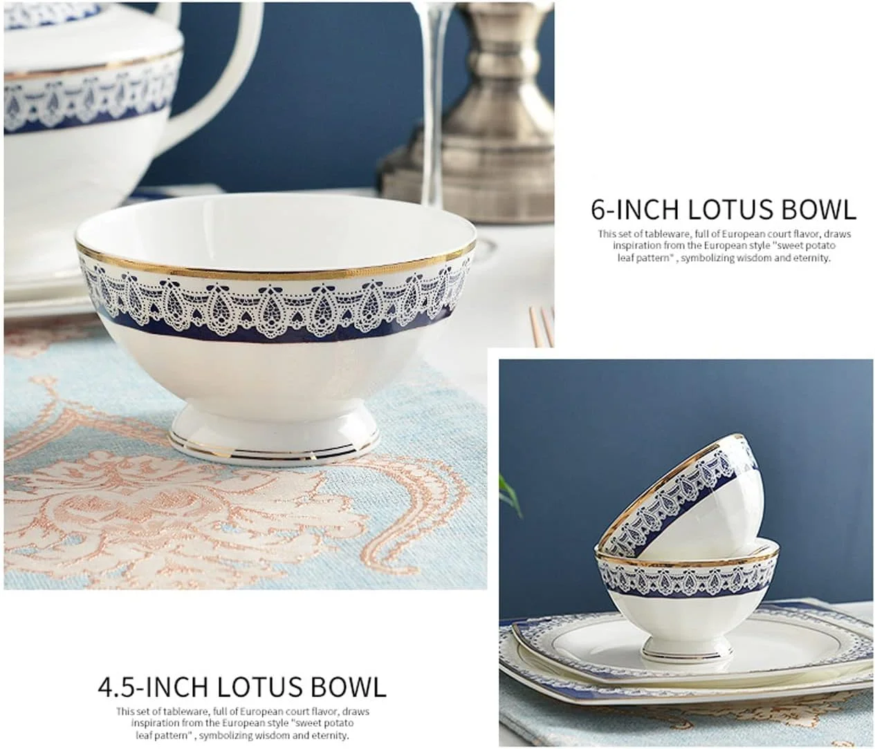 Kitchen Dinnerware Set,60-Piece Luxury Bone China Plates and Bowls Sets, Microwave Safe, Easy to Clean, Service for Hosting Parties and Events for 10 People,