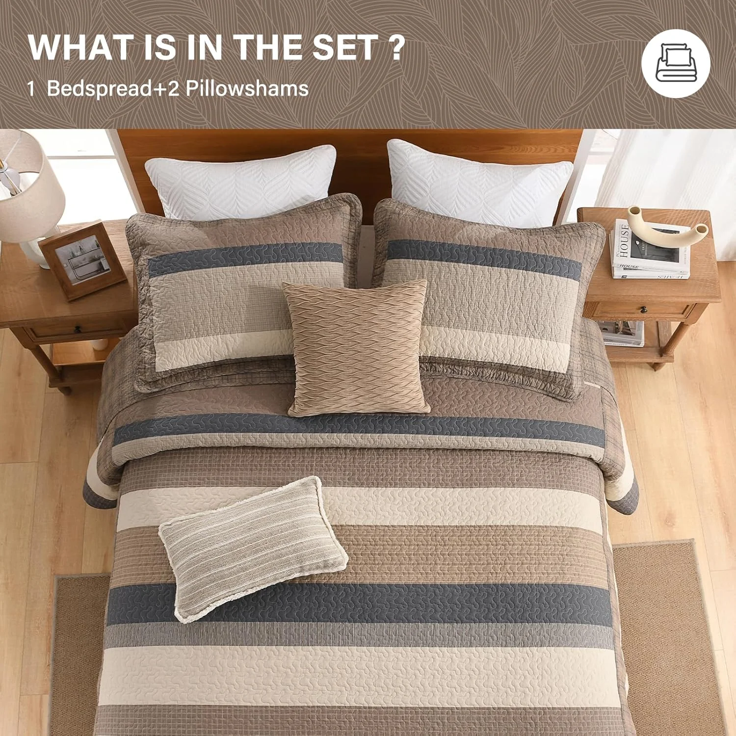 ست روتختی لحافی بزرگ پنبه ای 100% SahSahCasa، سایز 325x305 سانتی متر، لحاف سبک وزن، قهوه ای/بژ/چوبی/ذغالی