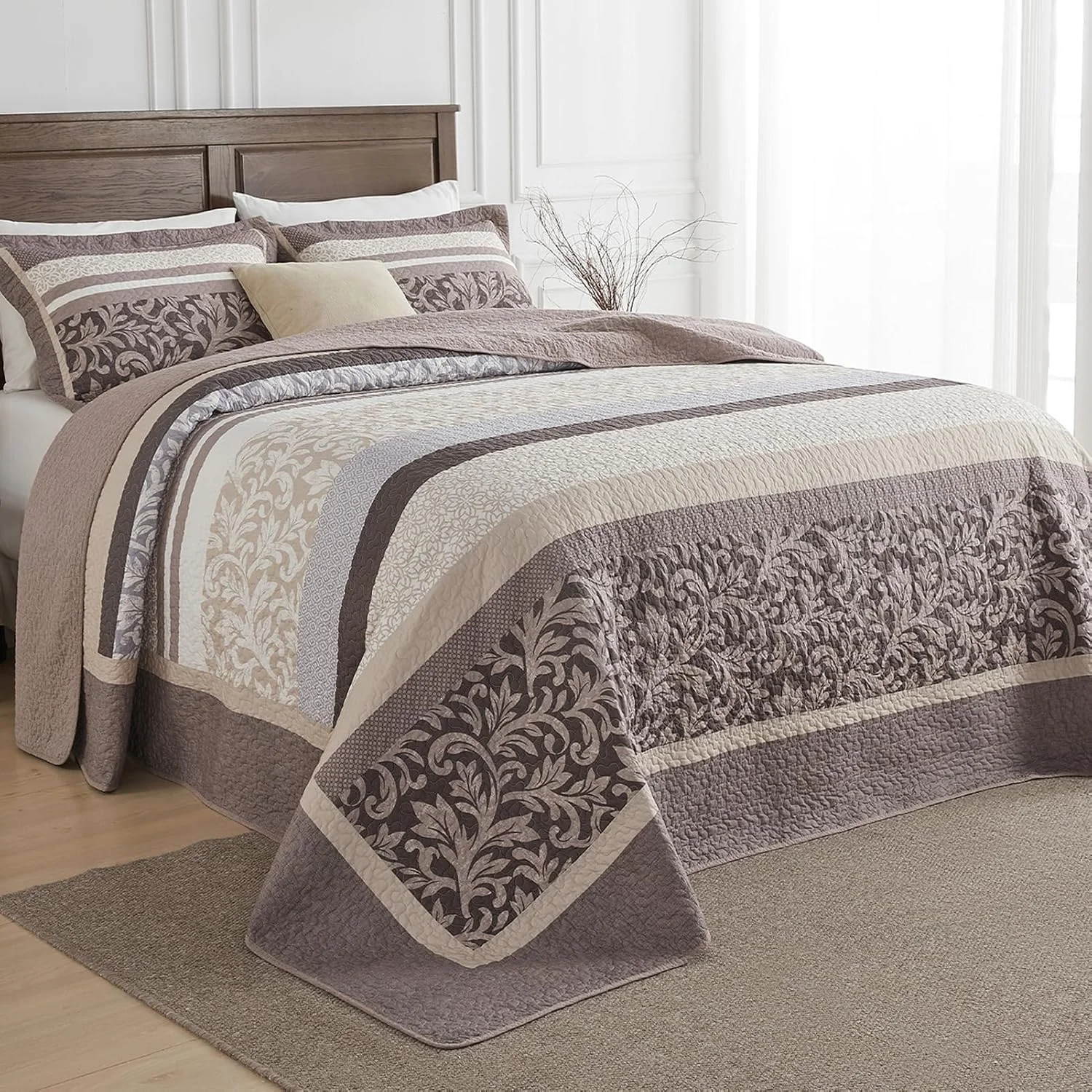 SahSahCasa 100% Cotton 120"x120" Oversized King Quilt Bedspread - California King Quilted Extra Large Comforter Lightweight Bedding Set, Cal King XL Striped Floral Bed Spread, Brown/Gray