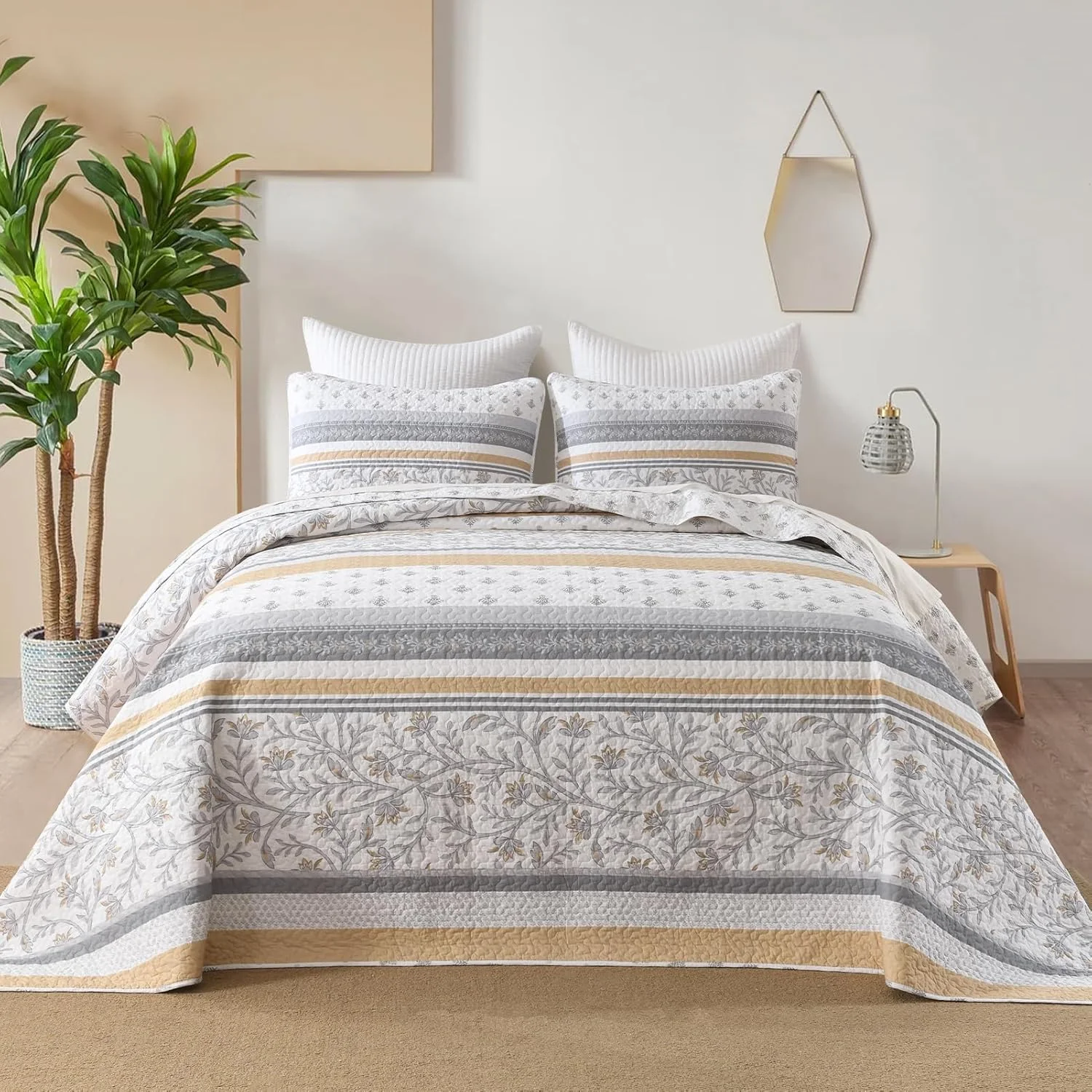 SahSahCasa 100% Cotton 102"x120" Oversized Queen Quilt Bedspread - Quilted Extra Large Comforter Lightweight Bedding Set, XL Striped Floral Wide Bed Spread Coverlet, 3pcs, Light Orange/Gray